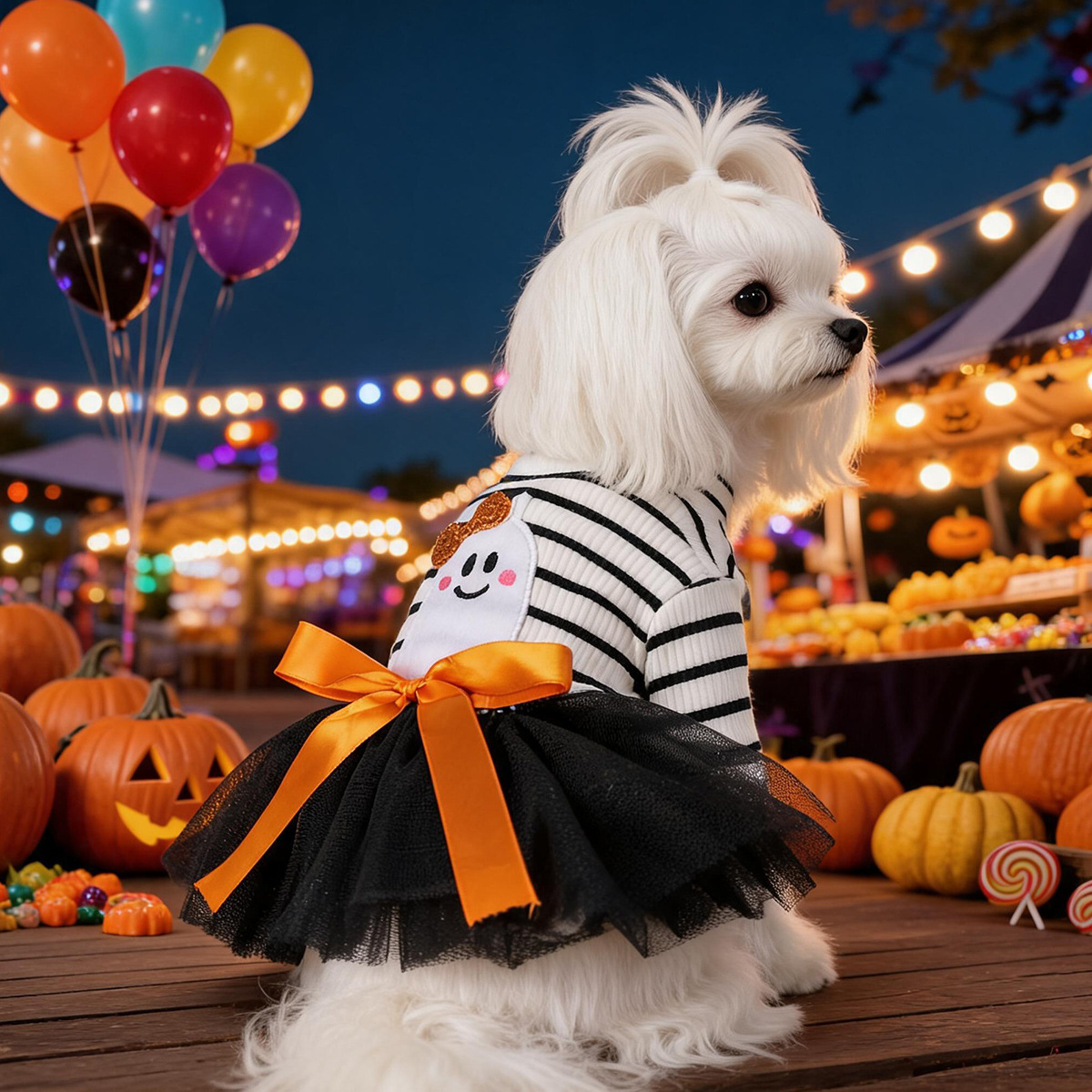 Striped Ghost Orange Bow Halloween Pet Tulle Dress for Maltese Cats, Black Mesh Holiday Formal Wear — image 1