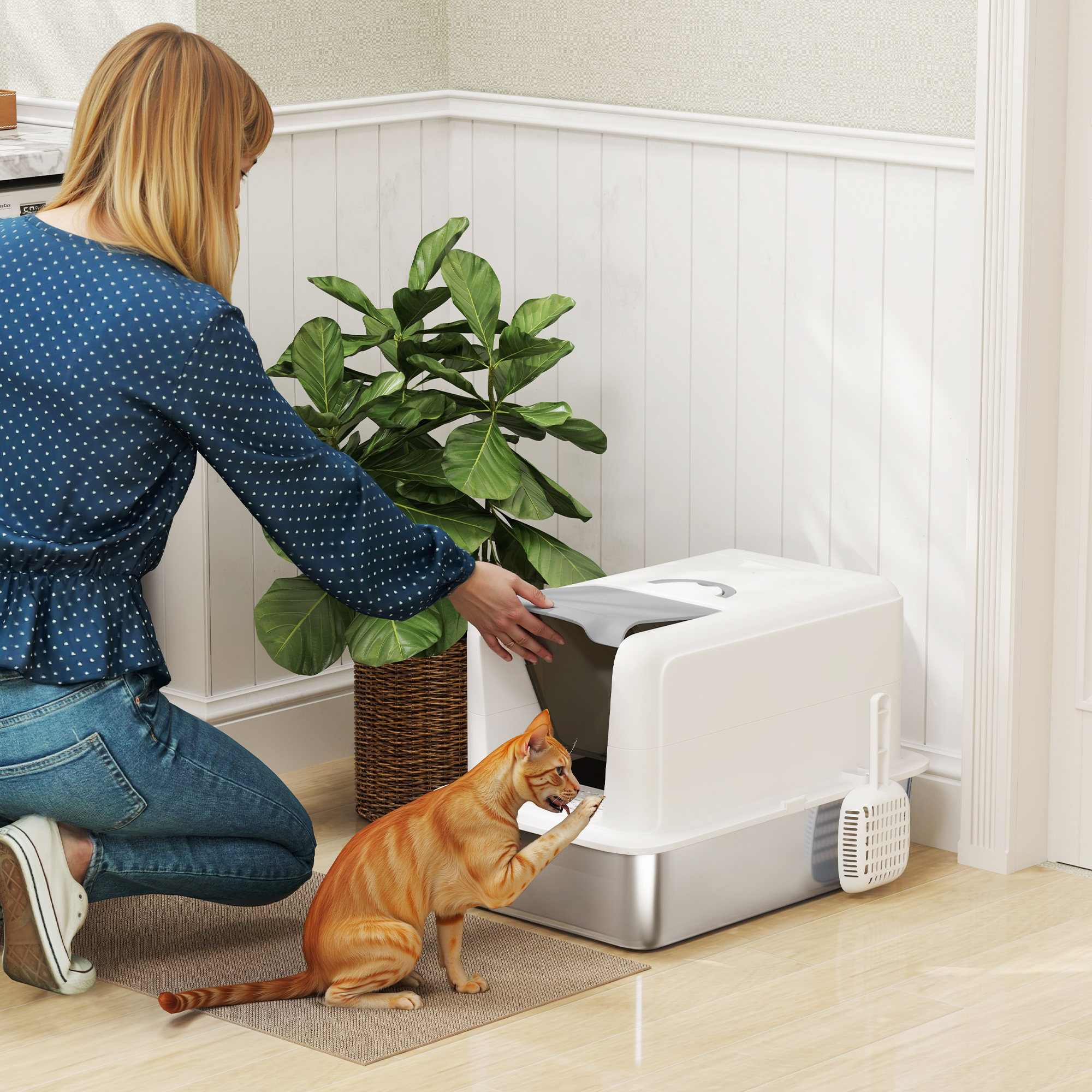 2 In 1 Stainless Steel Cat Litter Box With Removable Lid, Scoop, Filter Bags, For Small To Large Cats, White — imagen 1