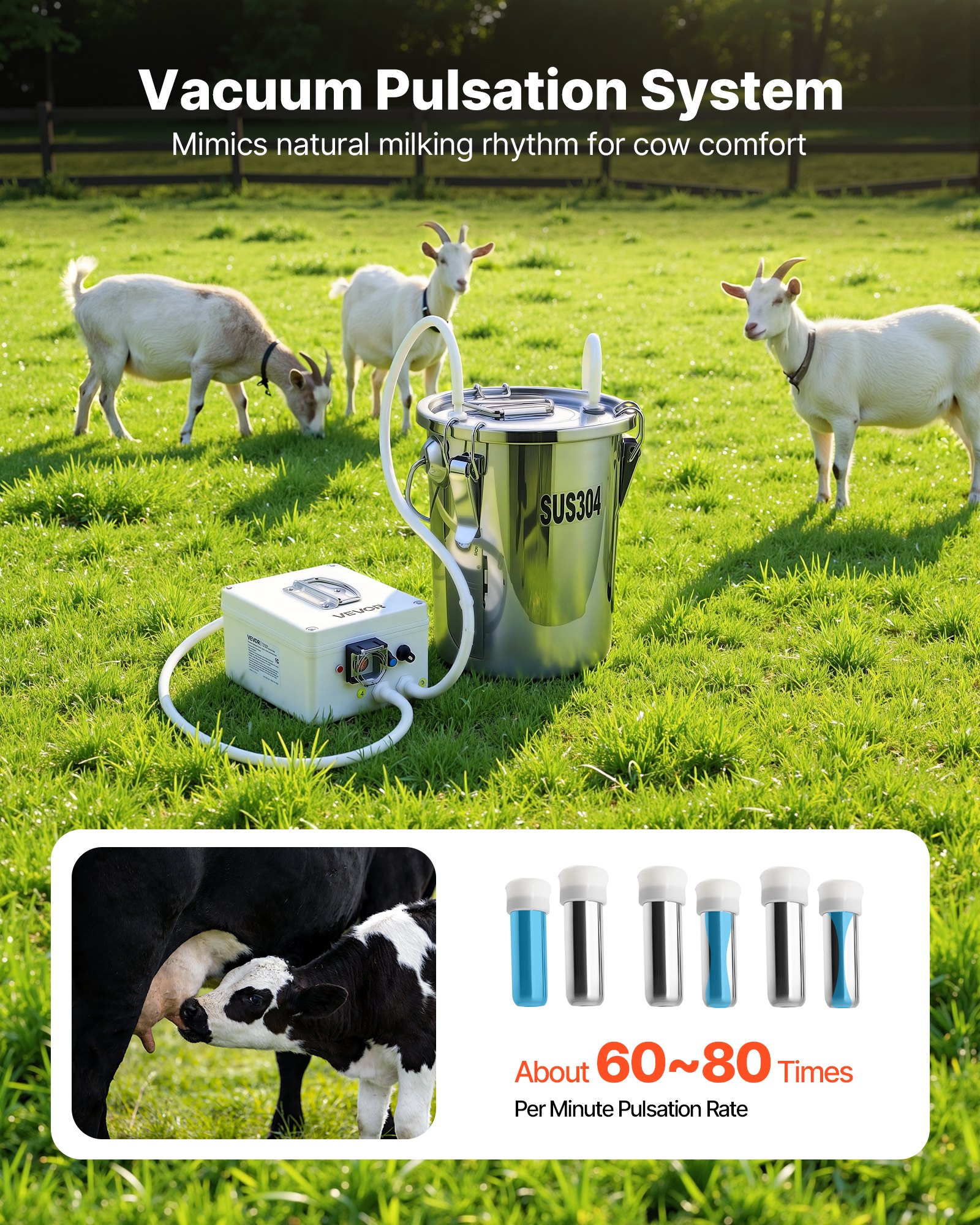 Máquina de Ordeño para Cabras, Recipiente de 1,8 gal / 7 L Acero Inoxidable Alimentario con 4 Cúpulas de Leche para Vacas y Cabras, Batería Rechargeable de 8000 mAh con Pulsación Eléctrica Portátil — imagen 3