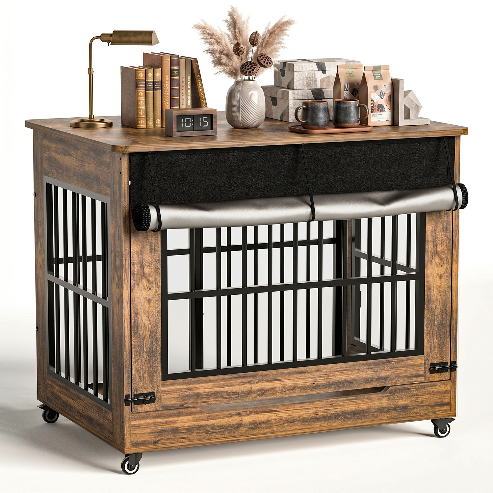 Large Dog Crate Furniture, Double Door Wooden Indoor Dog Kennel Furniture, Decorative Pet Cage End Table With Wheels For Large Breed Dogs, Size XL, Greige — image 10