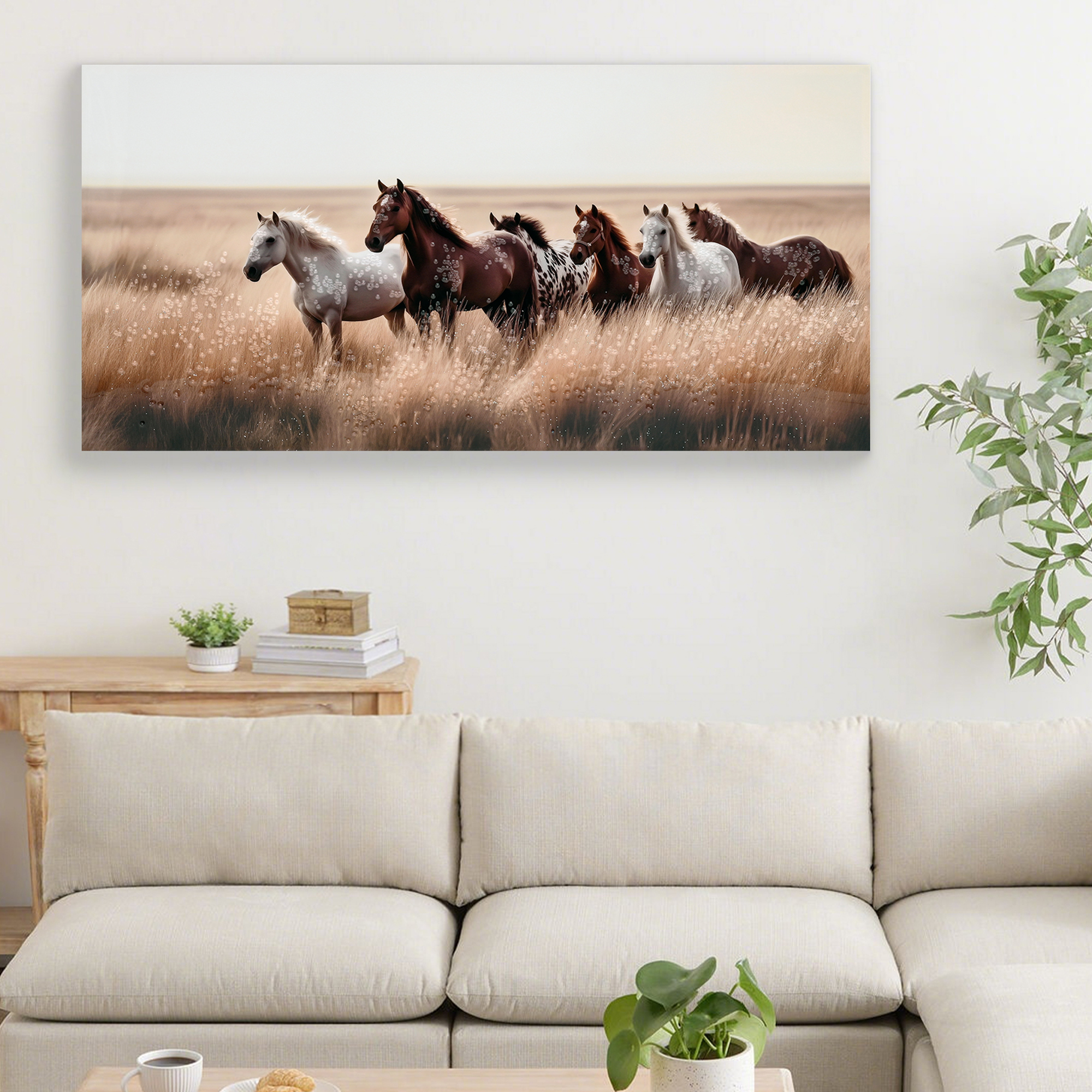Arte de Caballos Rústicos en Paño para Pared - Escena de Campo Occidental con Ponies y Animales Salvajes — imagen 1