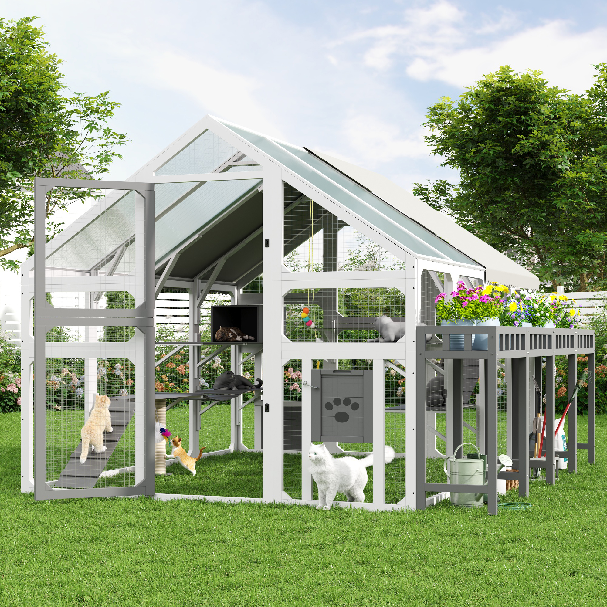 Large Outdoor Cat House With Planter Stand, Wooden Cat Enclosure With Resting Boxes For Multiple Kittens, Hanging Bridge, Platforms, Walk-In Catio Cage With Waterproof Proof Cover — imagen 1