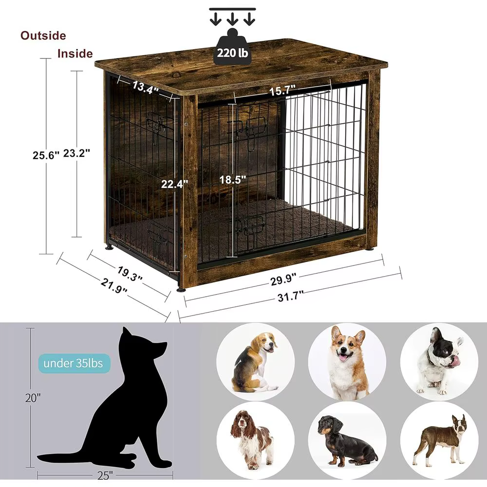 Medium Rustic Brown Wooden Dog Crate with Cushion and Double Doors — image 4