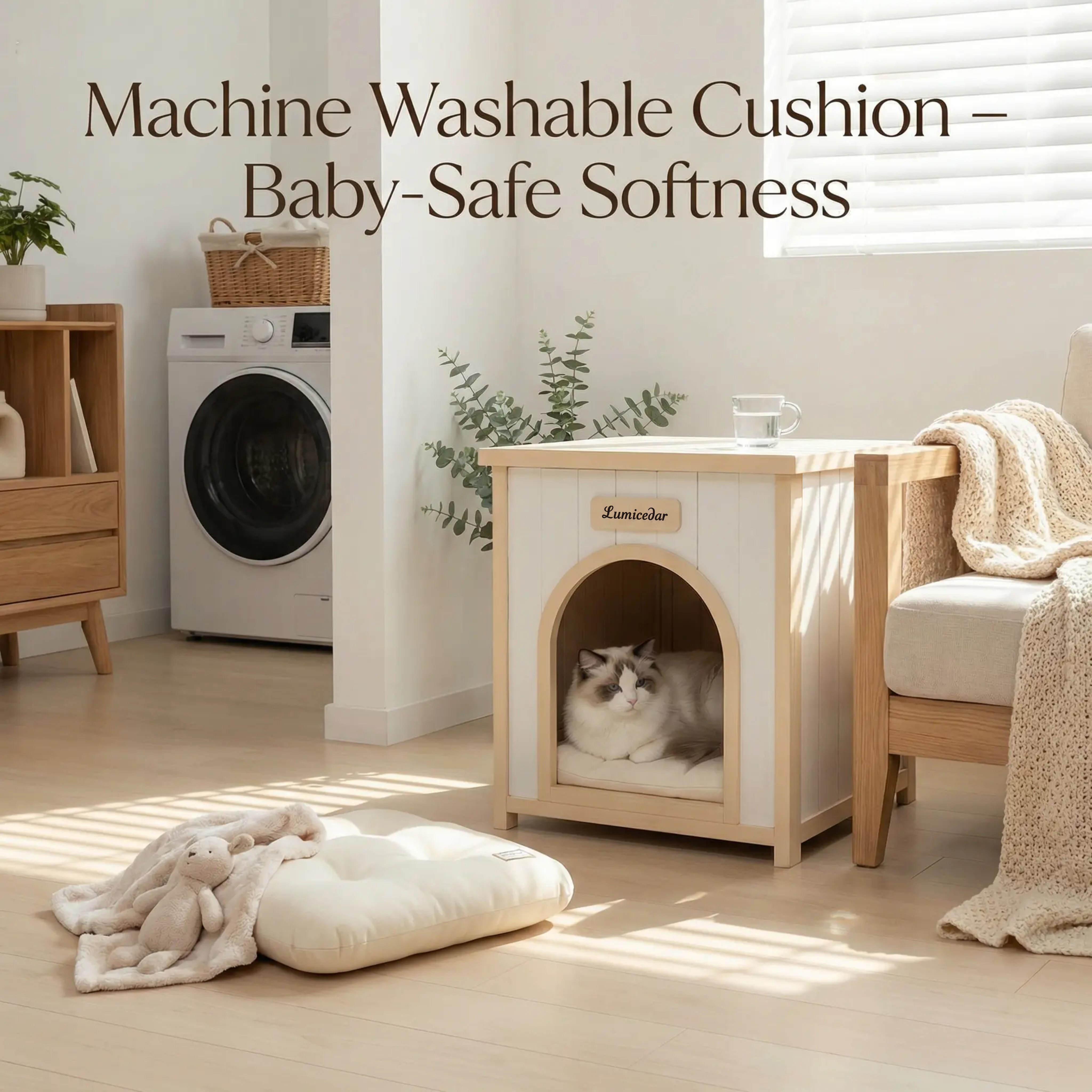 Modern Indoor Wooden Dog House with Removable Cushion – Solid Cedar Pet House for Small Dogs & Cats, Furniture-Grade Scandinavian Design — image 25
