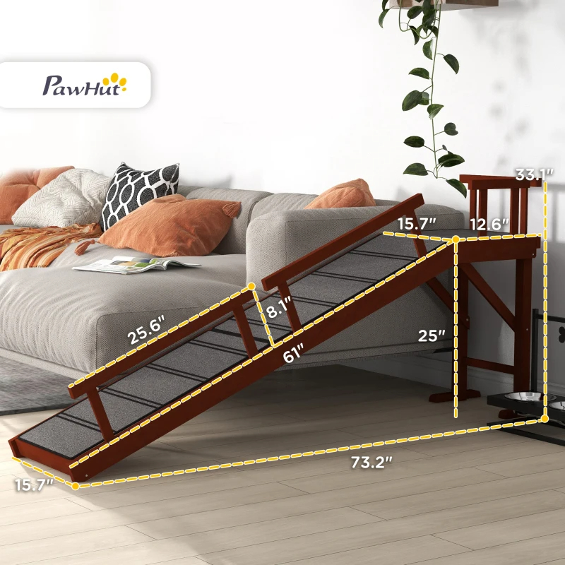 PawHut Wooden Dog Ramp With Removable Guardrails, Non-Slip Surface, 73 Long, Brown — imagen 1