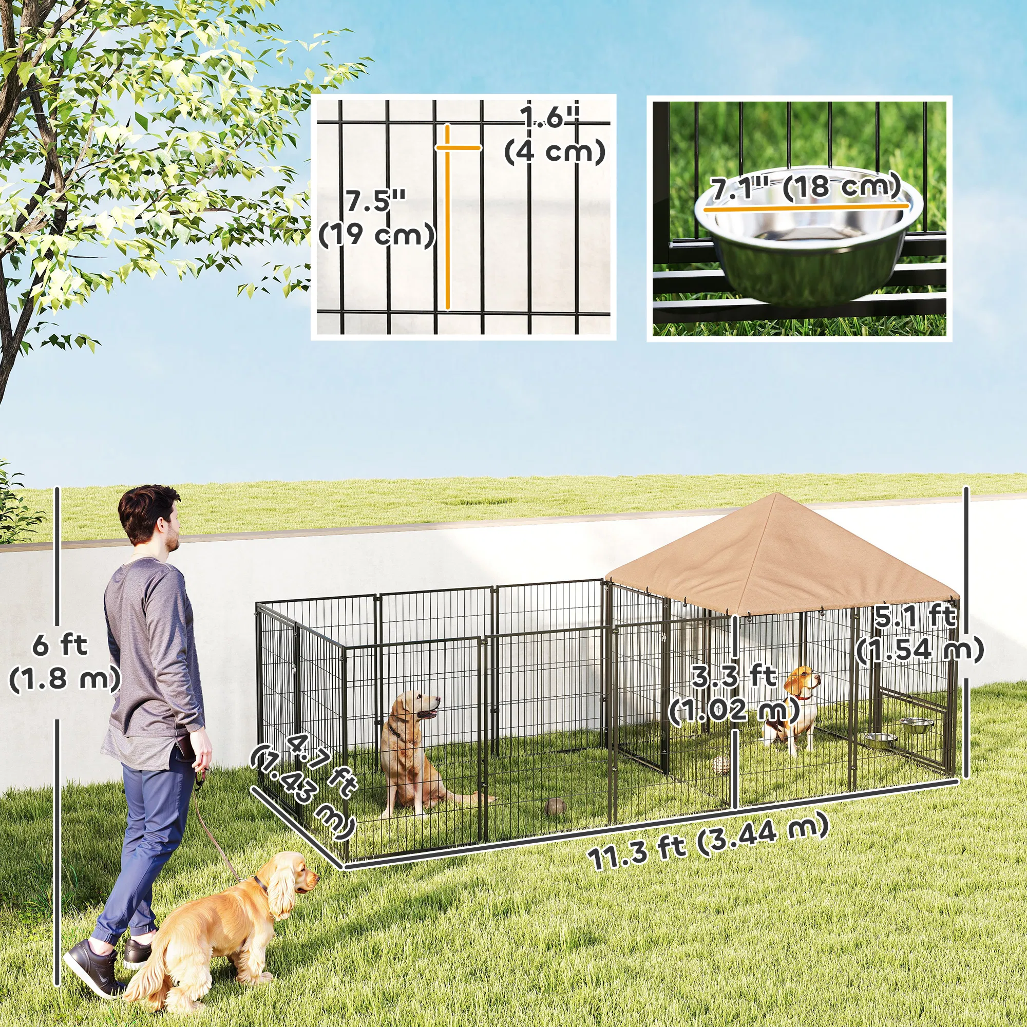 Outdoor Dog Kennel with Rotating and Adjustable Height Bowls, Waterproof UV-Resistant Cover, 11.3' x 4.7' x 5.1' — image 4