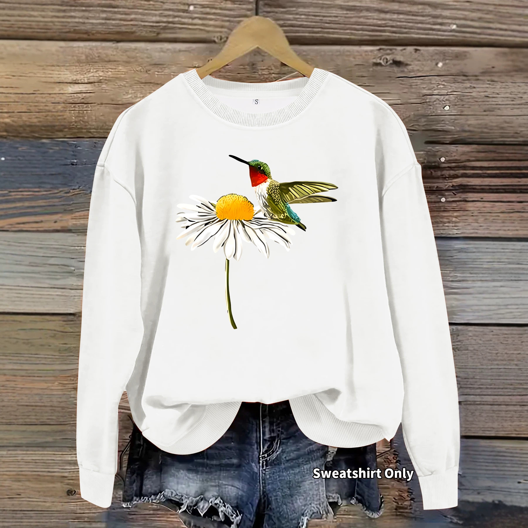 Daisy hummingbird print round neck fleece hoodie — image 4
