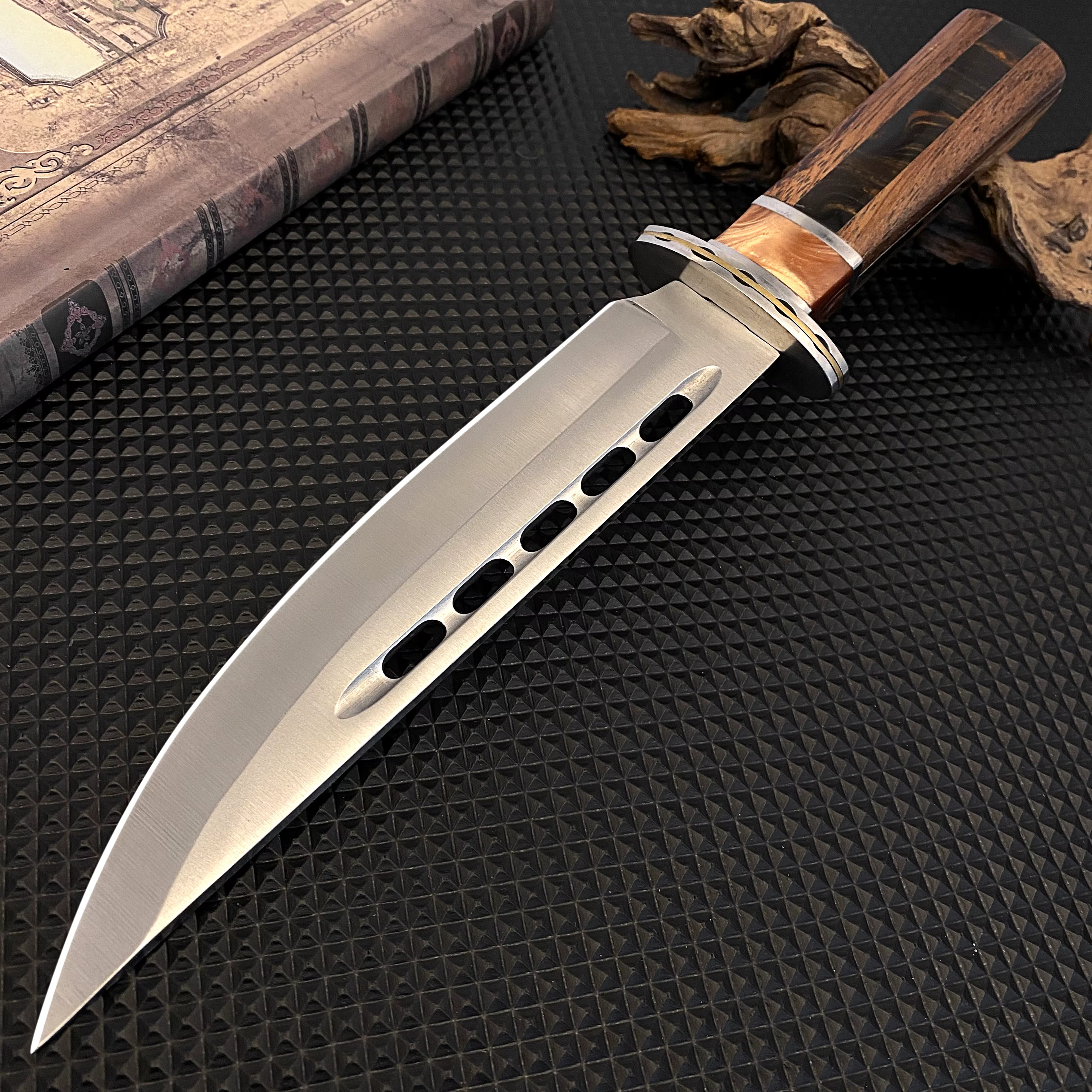 Outdoor tactical straight knife with wooden handle, featuring a nylon sheath—ideal for wilderness expeditions — image 3