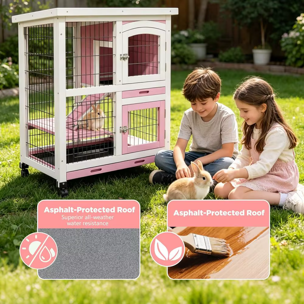 Conejera Exterior de 2 Pisos, Jaulas de Madera Para Cobayas Con Ruedas | o Para 2-4 Gallinas, Jaula Corral Para Aves de Corral Con Bandeja Antideslizante y Removible — imagen 5