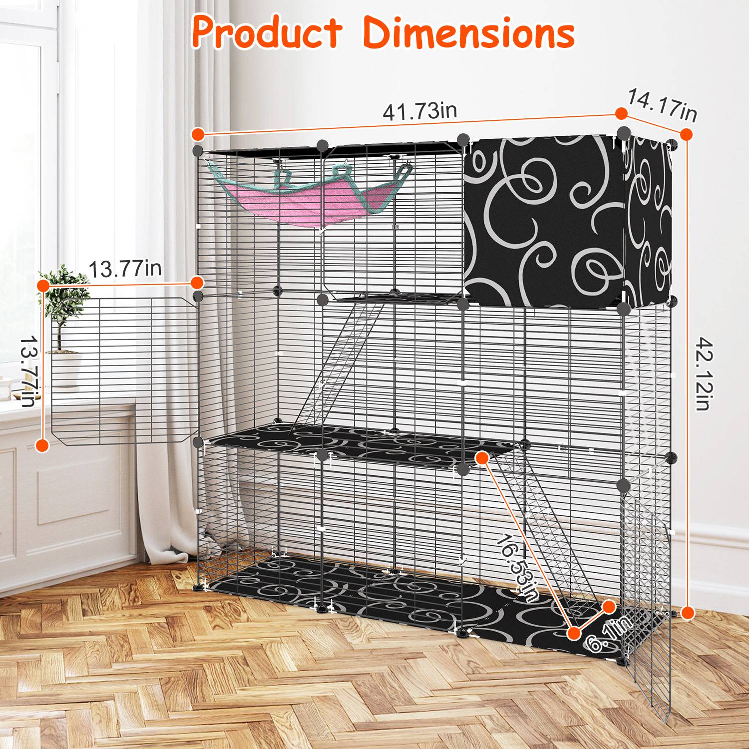 3-Tier Cat Cage Enclosure Indoor Cat Cage Playpen With Hammock Toy Ball Ladder DIY Iron Wire Cat House Kennels Crate For 1-2 Cats Ferret Rabbit Small Animals — image 2