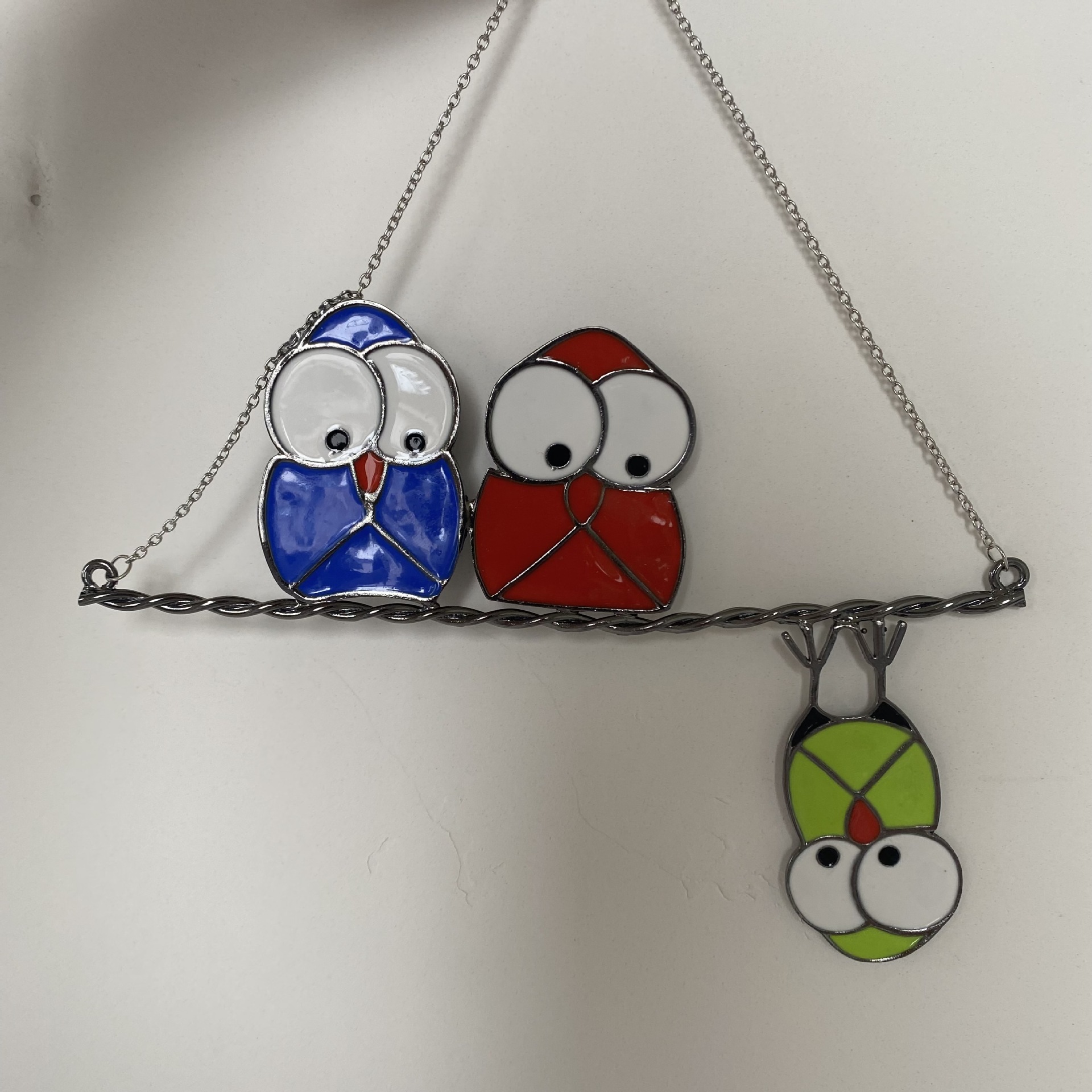 Three Birds Cute Owl Metal Epoxy Stained Glass Window Ornament Garden Decoration — image 3