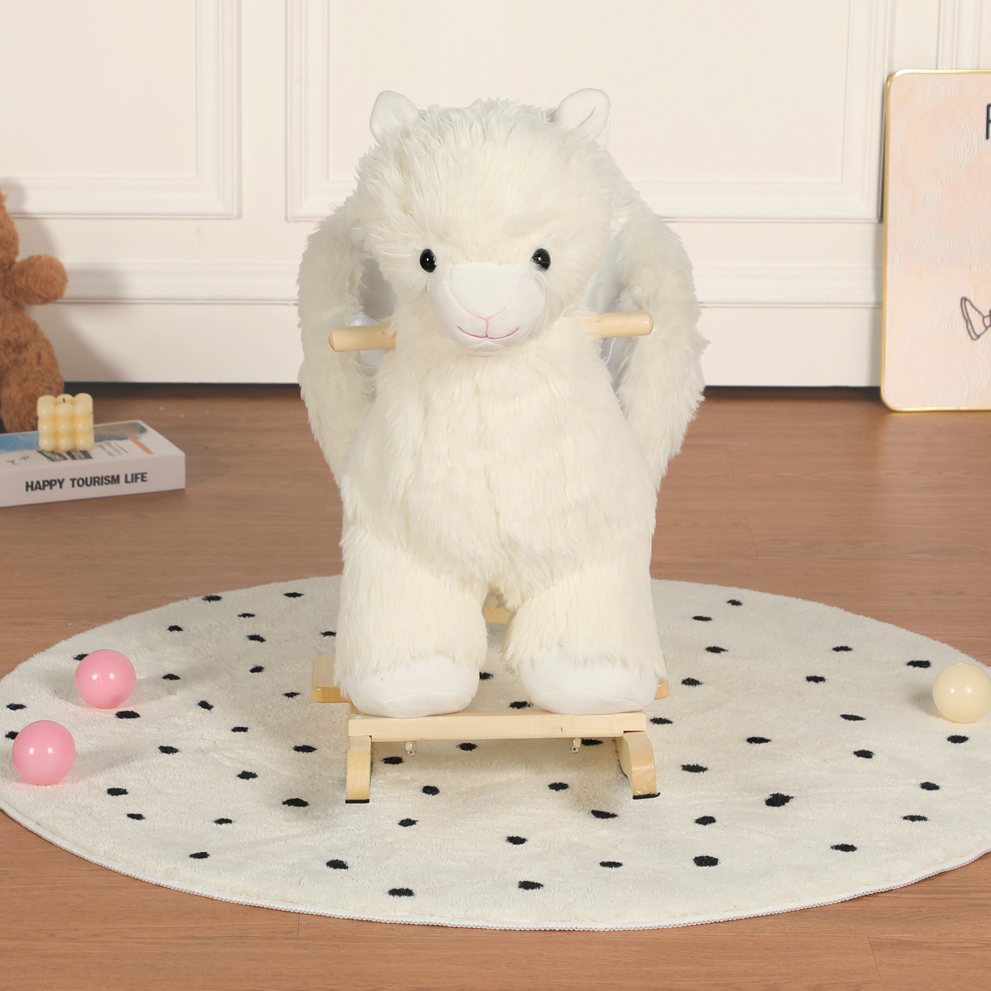 Kids Ride-On Rocking Horse Toy With Lullaby Song, Alpaca Rocking Toy With Hand Puppets And Safety Belt For Children 1-3 Years, Soft Plush Fabric, White, CPC Certified — image 2