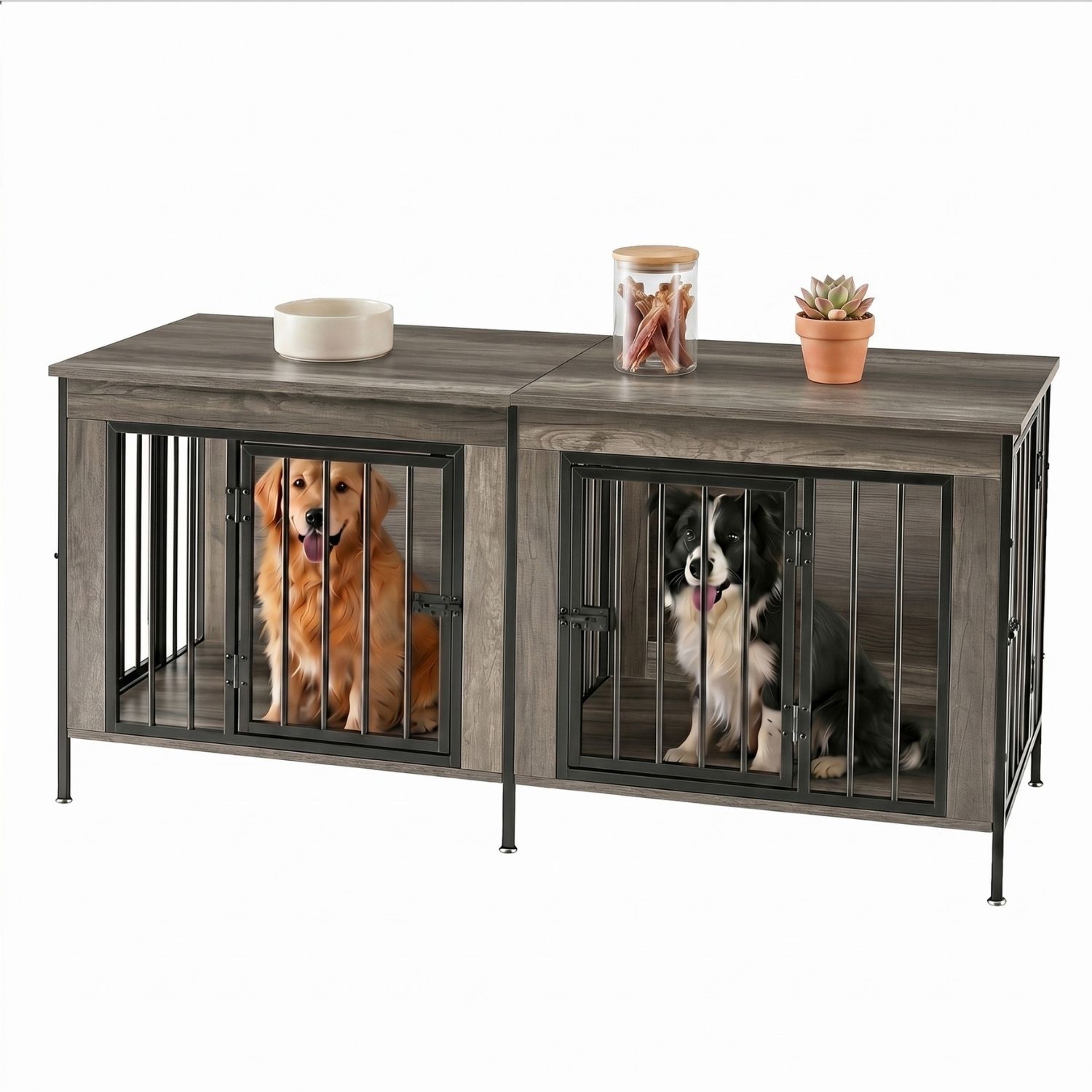 Double Dog Crate Furniture With Divider, Heavy Duty Pet Kennel End Table TV Stand, Extra Large Double Door — image 3