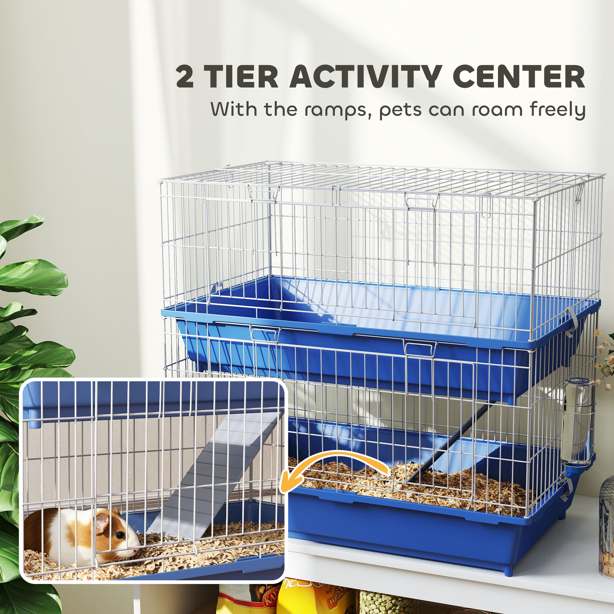 Jaula de 2 Niveles para Cobayas, Hurones, Chinchillas, Jaula para Animales Pequeños de Interior con Plato y Bebedero, 2 Puertas, Bases Profundas, Rampa, 28", Azul — imagen 7