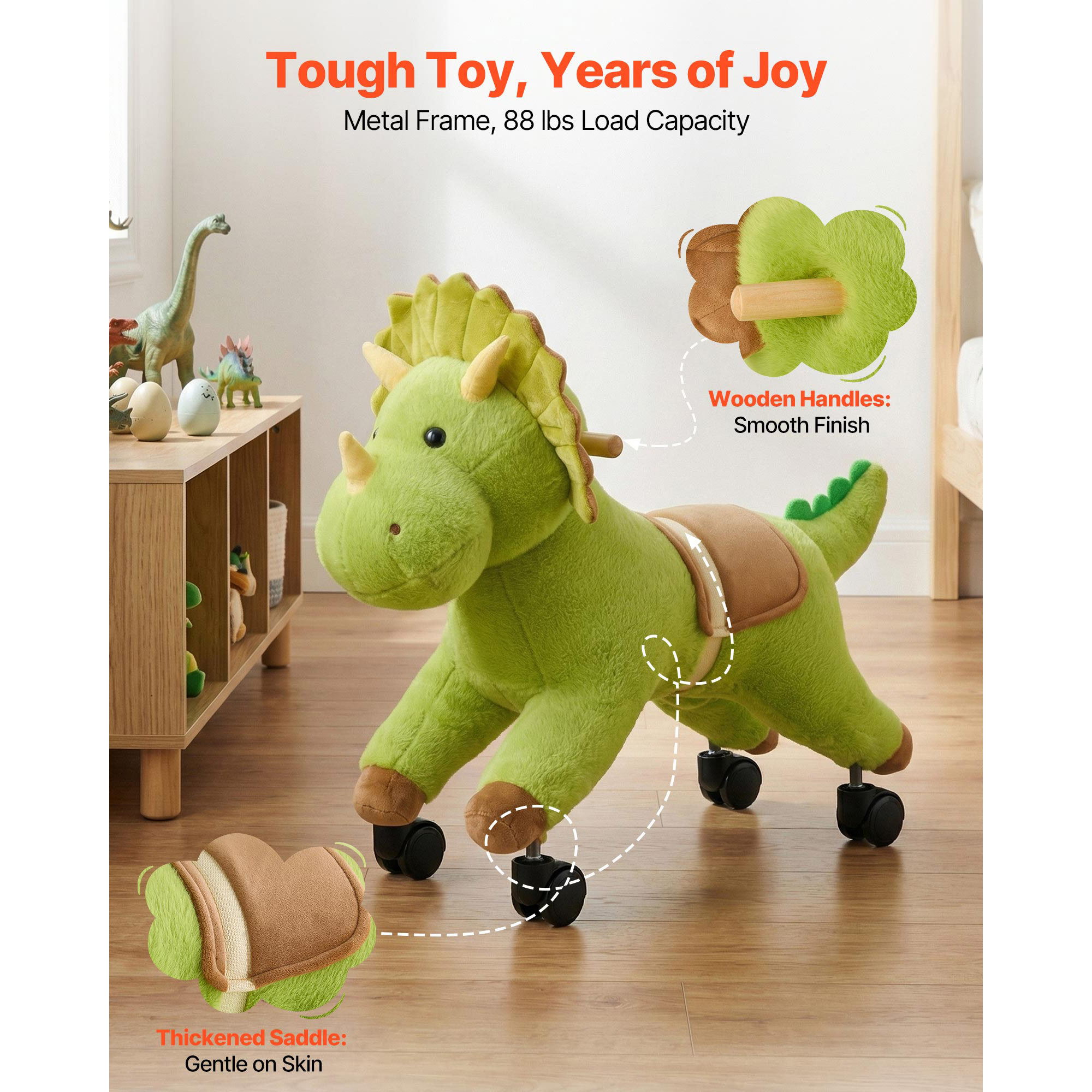 Ride On Horse, Riding Dinosaur Toys For Kids, Features Lifelike Dinosaur Roars, No Battery Required, 360-Degree Flexible Smooth Wheels, Soft Seat, 88 Lbs Max Load Capacity For Toddlers Ages 3 — image 3