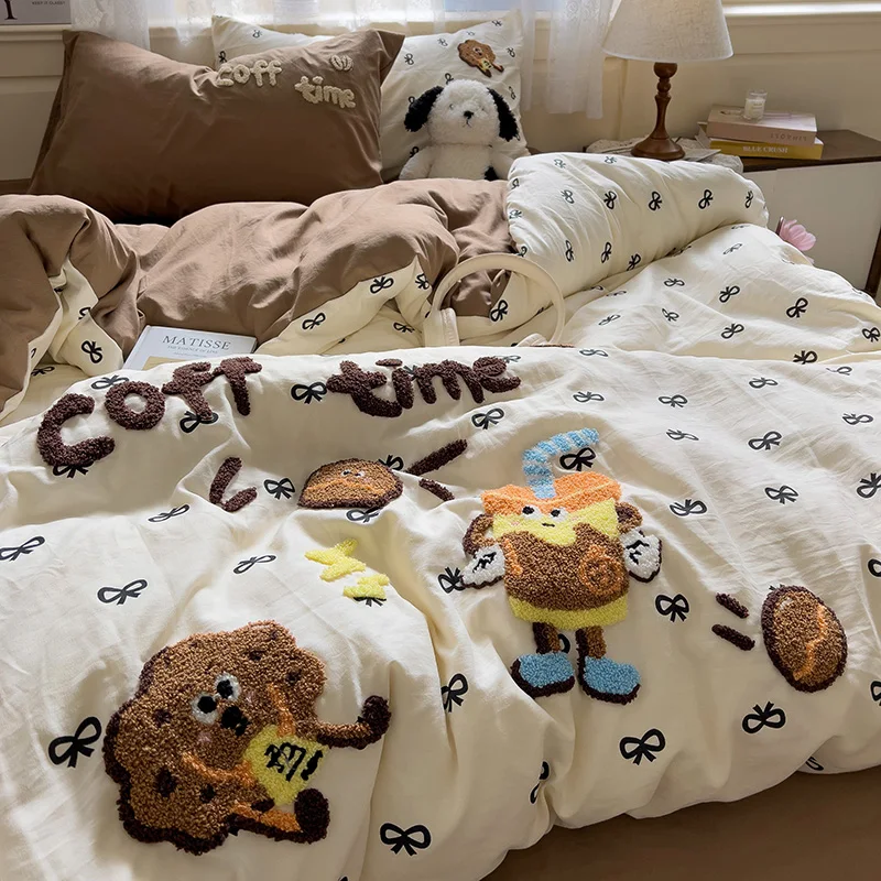 Cartoon Animal Embroidery Bedding Set For Adults Kids Cute Flat Fitted Sheet With Pillowcases Washed Cotton Colorful Full Size — image 1