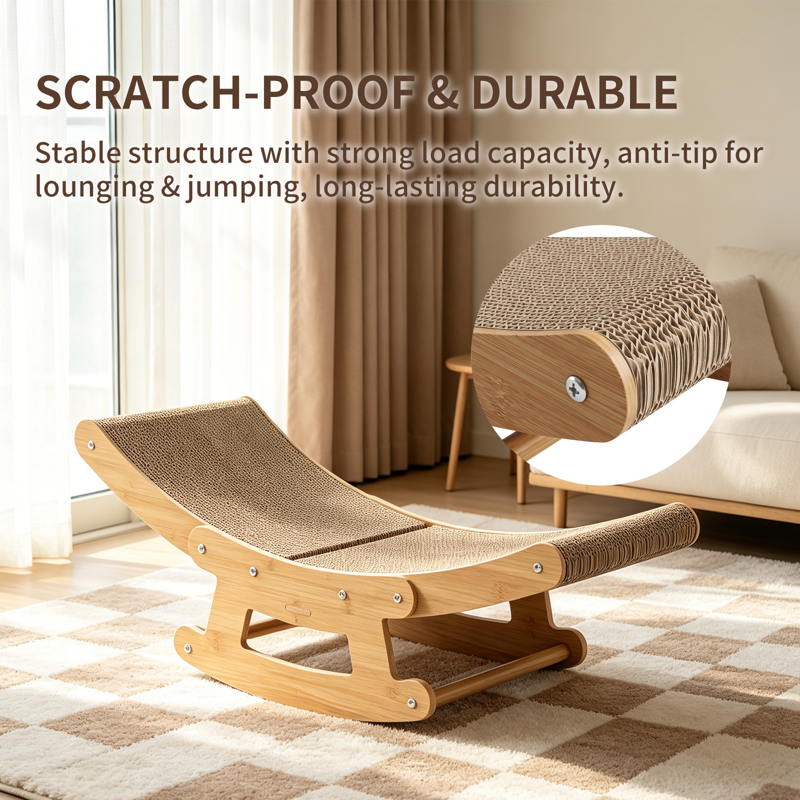 2-in-1 Cat Rocking Scratcher Chair Wooden Cat Bed Lounge Corrugated Cardboard Scratching Pad For Indoor Cats — image 4
