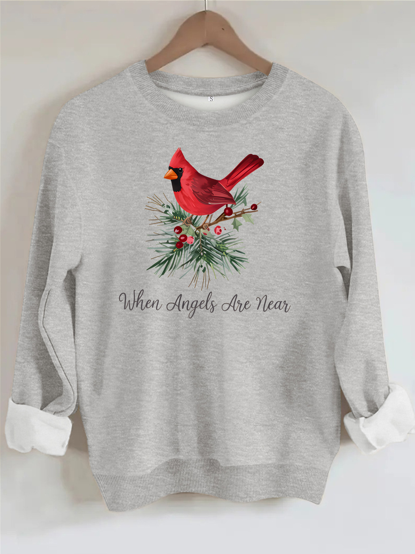 Red bird print round neck fleece hoodie — image 11