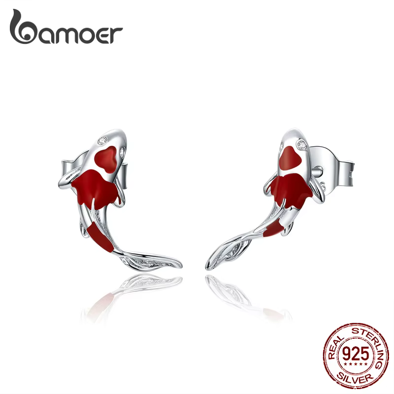 Bamoer Aretes de Estilo Pez Enamel Rojo para Mujeres 925 Sterling Silver Aretes de Koi de Primavera Festival Silver Fashion Jewelry SCE812 — imagen 1