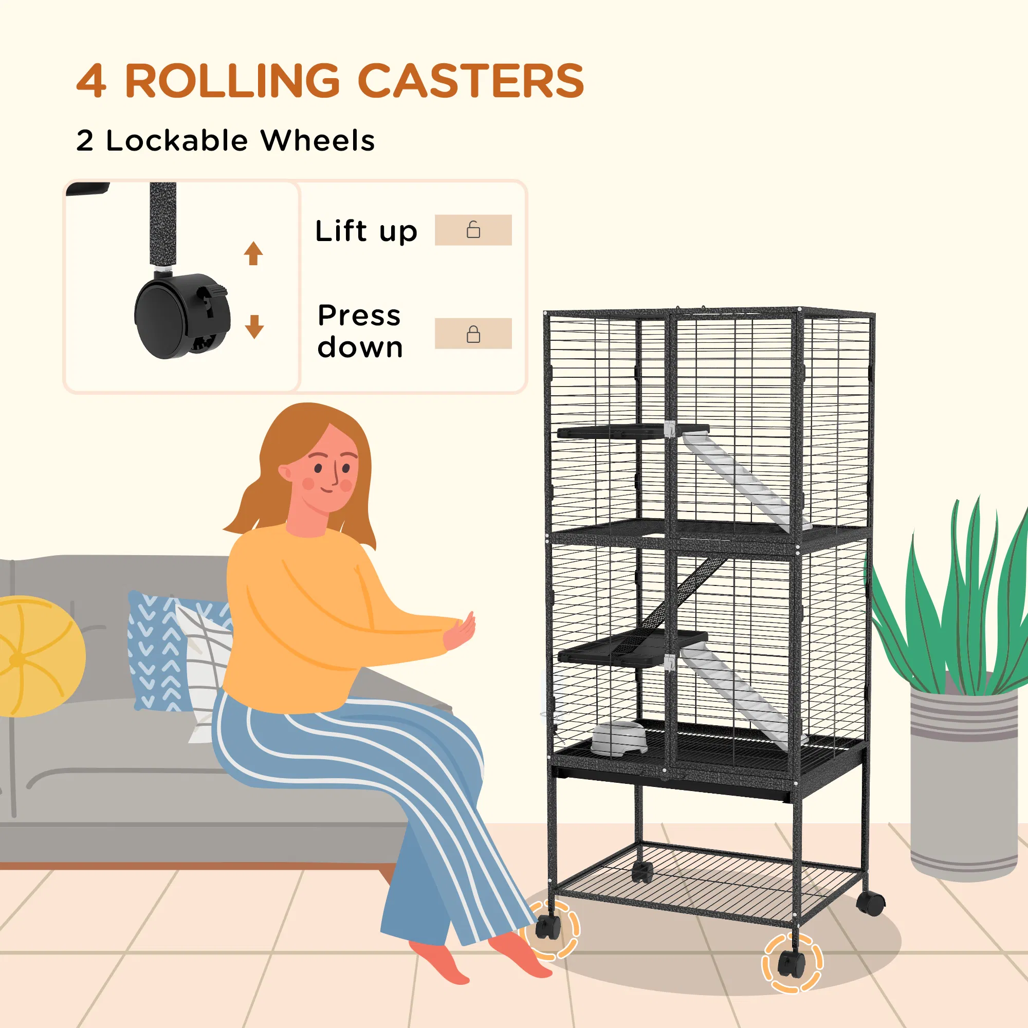 Rolling Small Animal Cage 53.5"H Chinchilla Cage for Ferrets, Squirrels w/ Removable Tray, Storage Shelf, Dark Grey — image 4