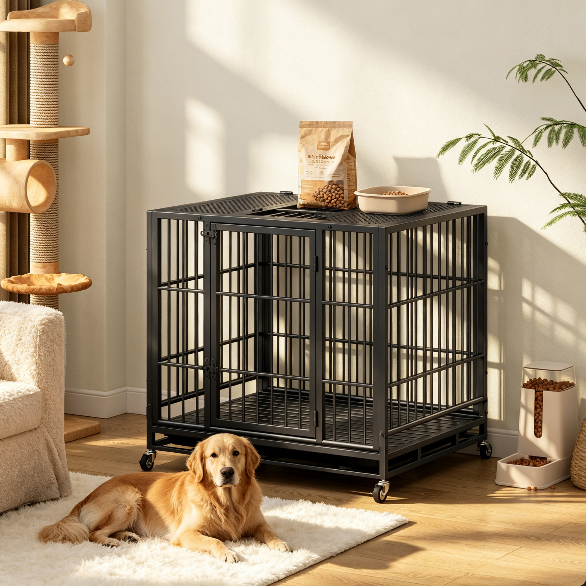 Heavy Duty Dog Crate, Mobile Pet Kennel with Lockable Wheels & Rotary Twist-Latch, Indoor Outdoor Metal Cage with Perforated Top — image 11
