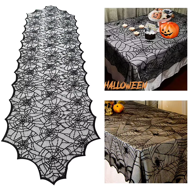 Halloween Decoration Lace Spider Web Skeleton Skull Tablecloth Black Fireplace Mantel Scarf Event Party Decoration Supplies — image 1