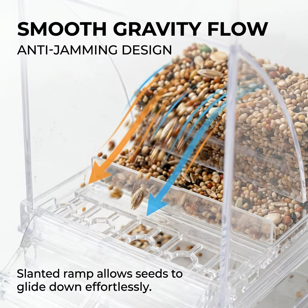 No Mess Automatic Bird Feeder Clear Acrylic Seed Dispenser Spill-Proof Parrot Feeder Cage Accessories for Budgies Parakeet Cockatiel Finch — image 3
