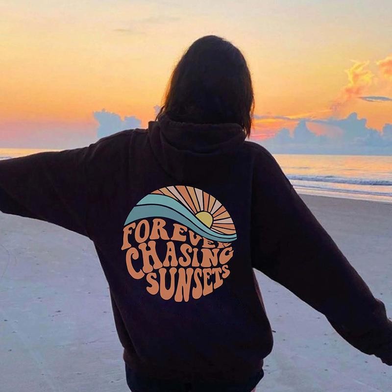 Sunset Print Kangaroo Pocket Drawstring Hooded Women's Fleece Sweatshirt — image 6