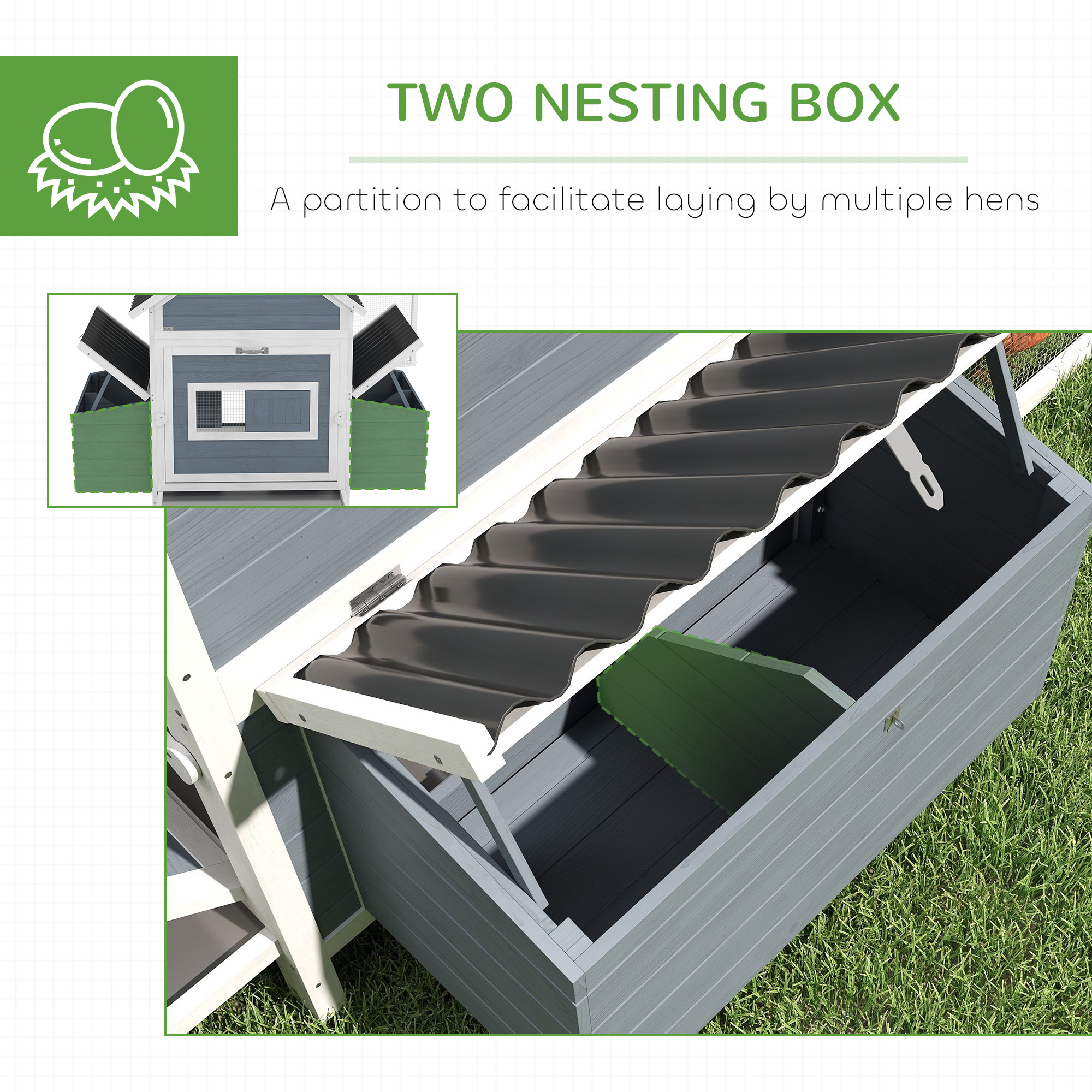 156" Coop de Pollos Madera Grande con 2 Box de Puesta, Cárcel de Ejercicio, Techo Ondulado Impermeable, para 10-15 Pollos, Gris Claro — imagen 2