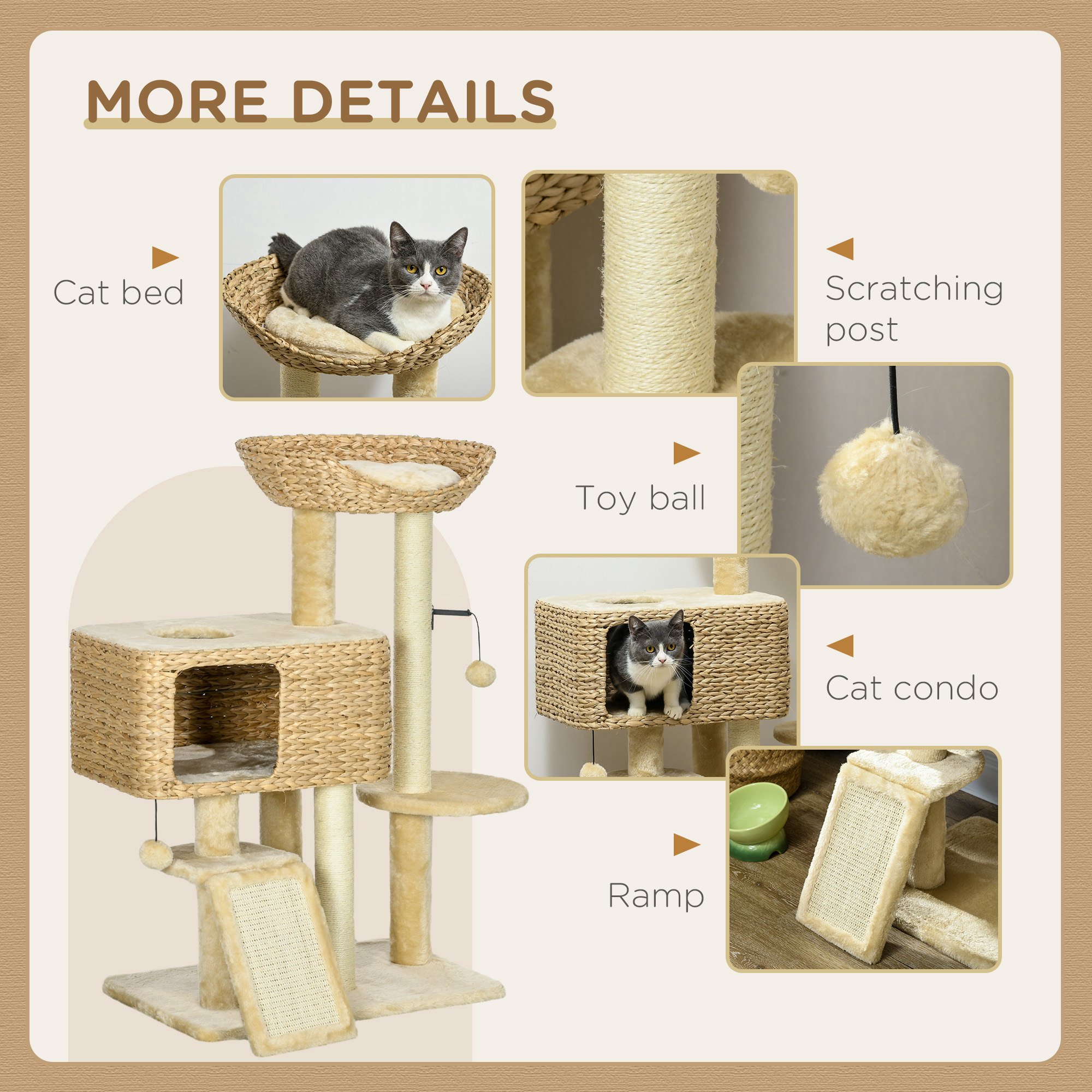 Árbol para Gatos de Interior con Postes de Rastrillado, Torre para Conejos, Beige — imagen 3
