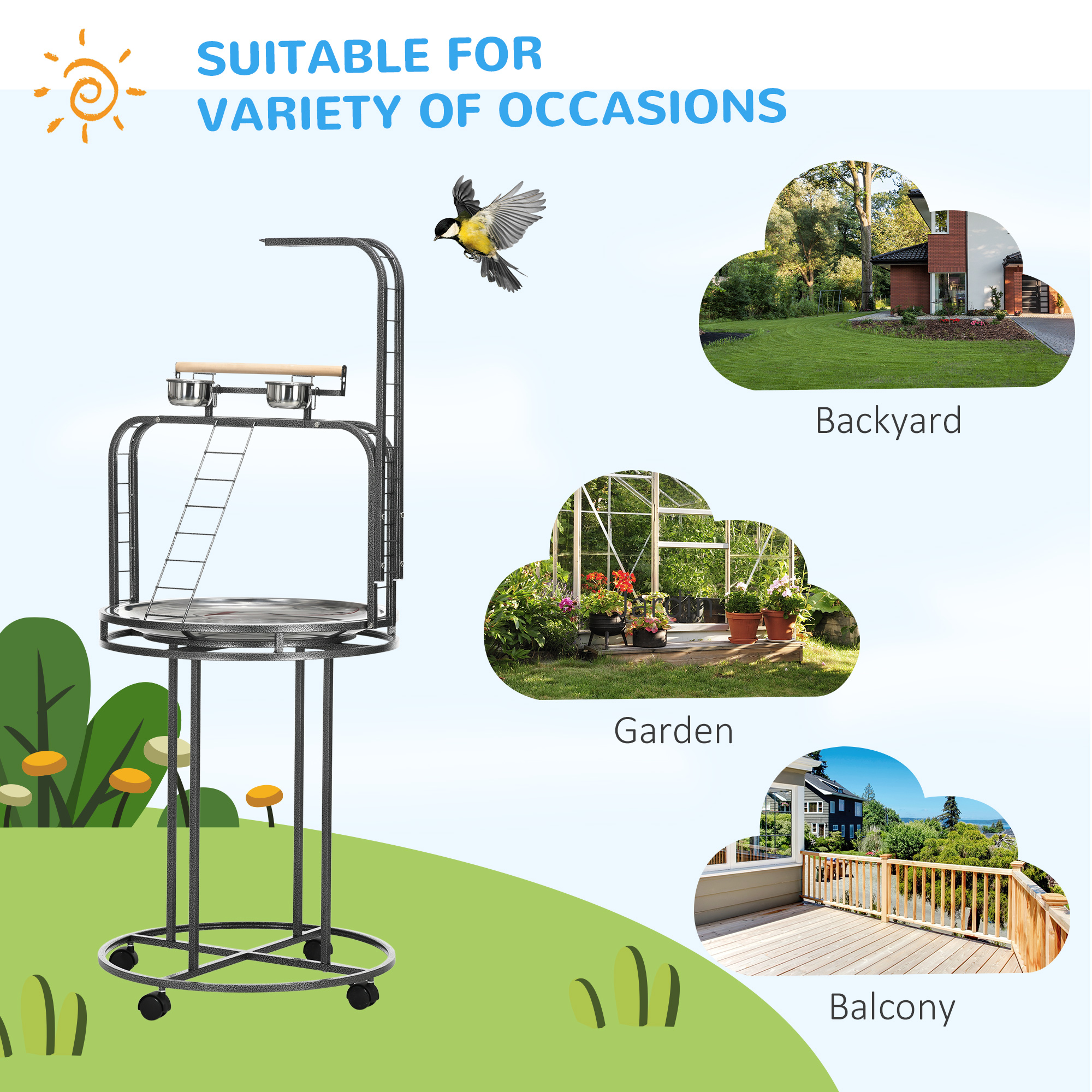 Parrot Stand Large Bird Perch Stand With Toy Hook & 3 Ladders, Parrot Perch, Bird Wooden Stand, Gray — image 3