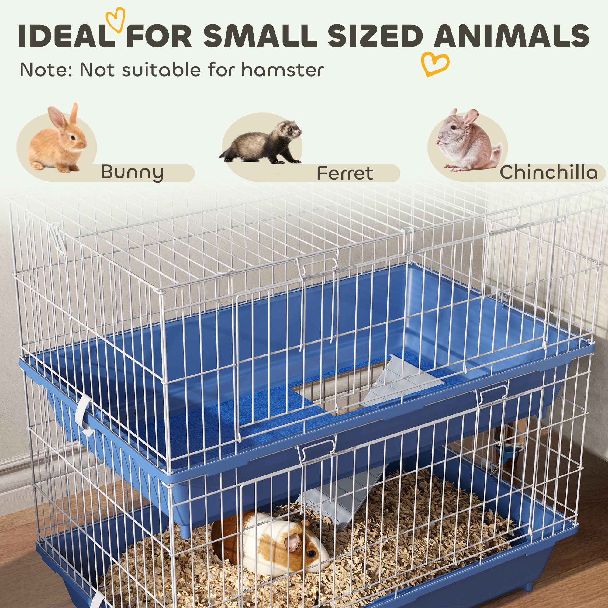 Jaula de 2 Niveles para Cobayas, Hurones, Chinchillas, Jaula para Animales Pequeños de Interior con Plato y Bebedero, 2 Puertas, Bases Profundas, Rampa, 28", Azul — imagen 4