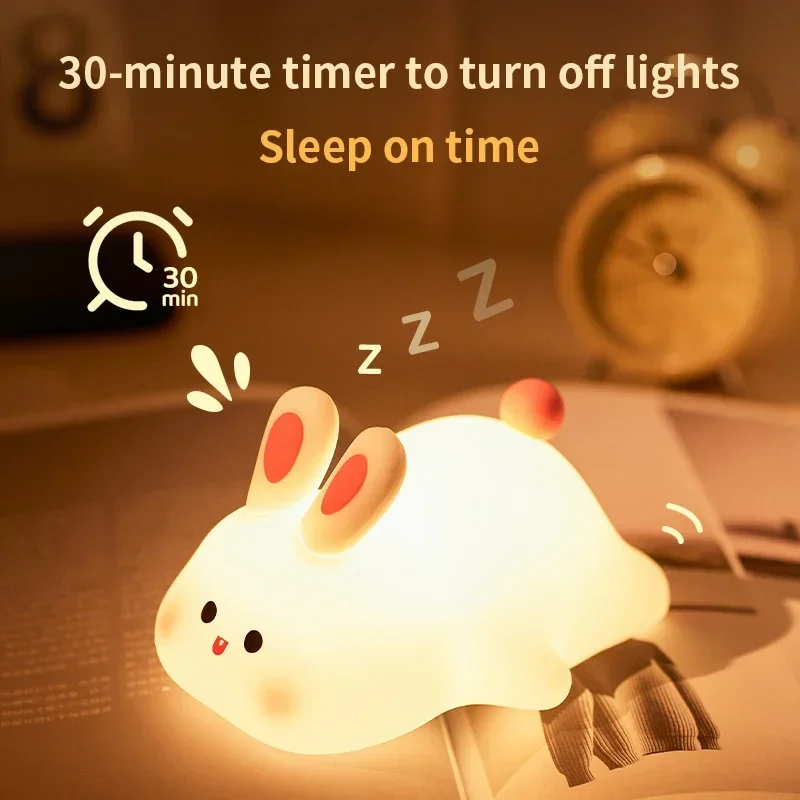 Silicone Night Lights Cute Rabbit Patting Lamp Rechargeable Timing Sleeping Night Lamp Holiday Party Decor Kids Gift Night Light — image 5