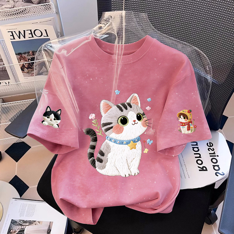 Girls' Short Sleeve T-Shirt Cat Print Casual Top — image 7