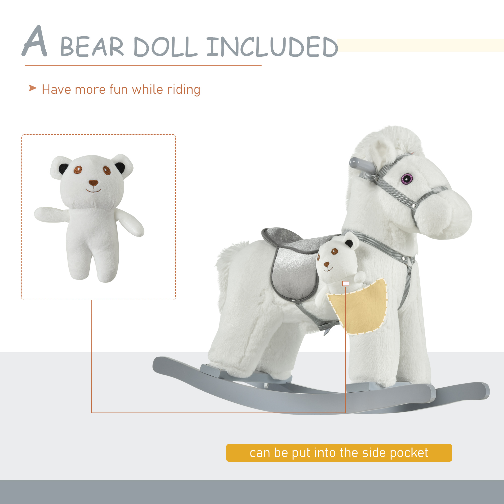 Kids Rocking Horse with Bear Toy, Plush Animal Rocker with Fun Realistic Sounds for Toddler 18-36 Months, White — image 6
