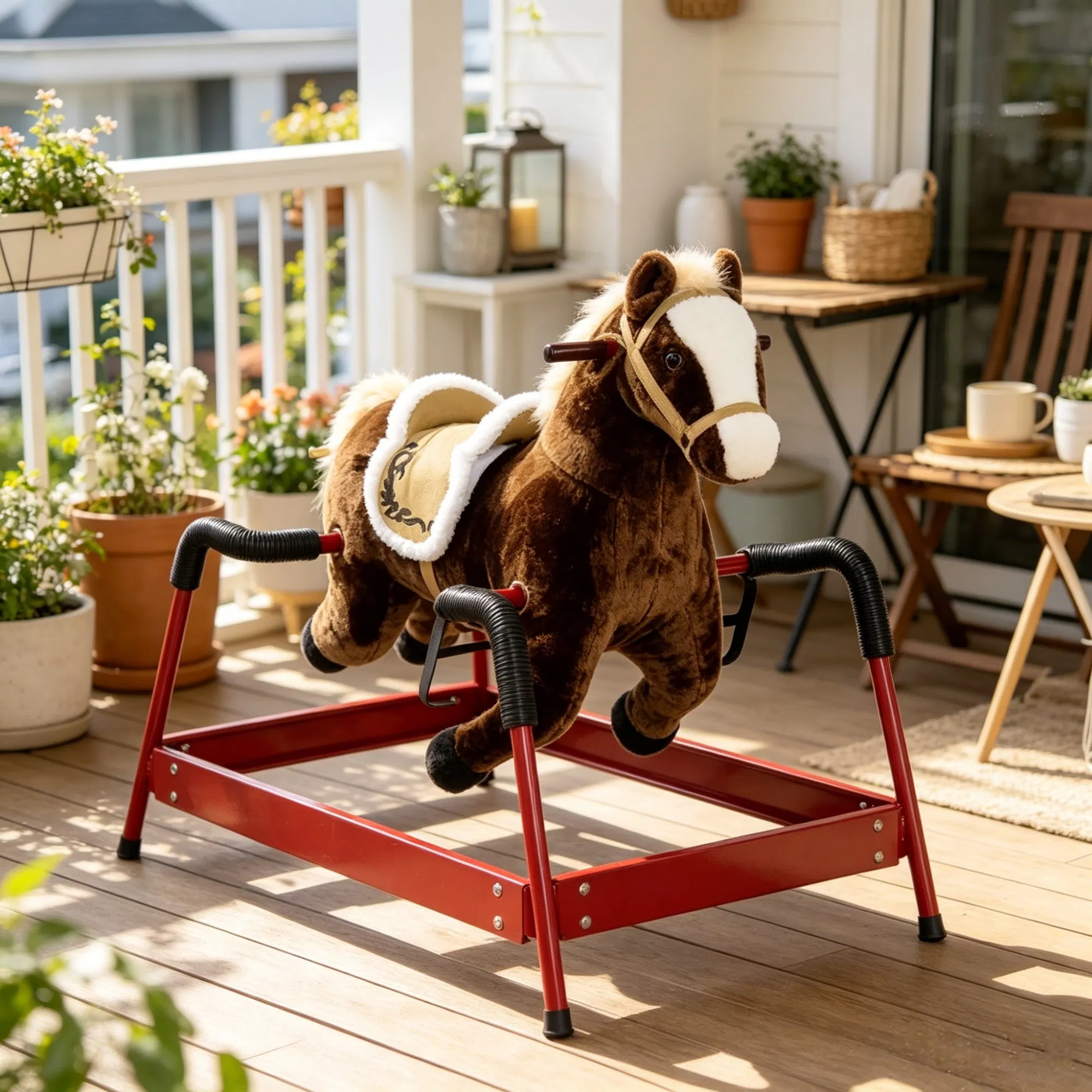 Dark Brown Interactive Kids Ride on Horse Spring Rocking Horse with Sounds, Plush Soft Feel Animal Ride-on Toy — imagen 3