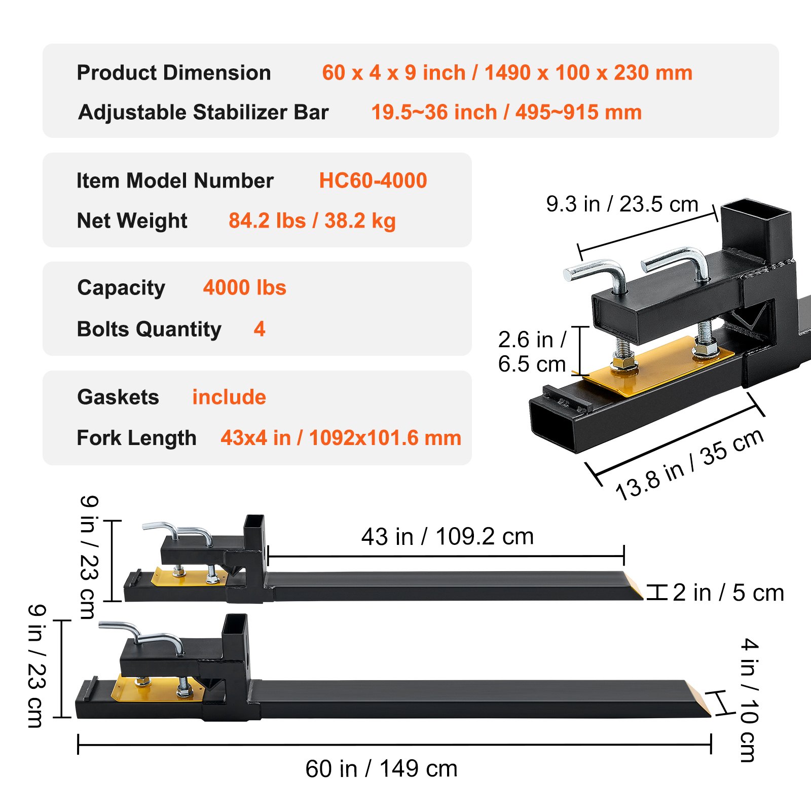 VEVOR Pallet Forks, 4000 Lbs Capacity Clamp On Pallet Forks, 60 Tractor Bucket Forks, Heavy Duty Front Loader Attachment For Tractor, Loader Bucket, Skid Steer, Tractor Forks For Agriculture And Farm — imagen 2