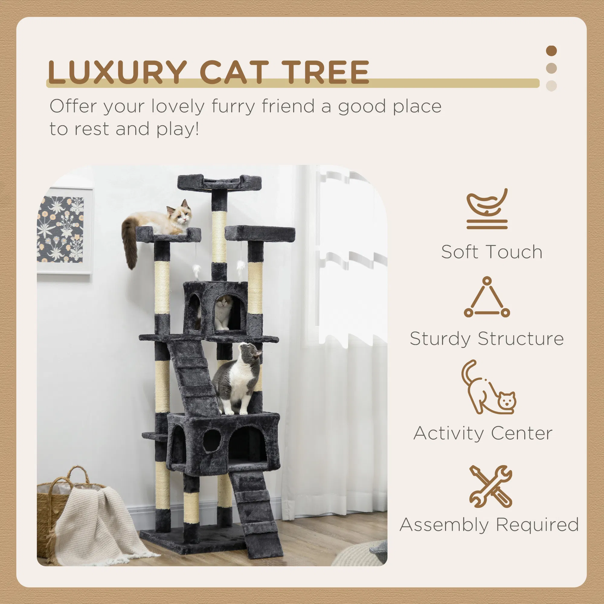 68-inch Multi-Level Cat Scratching Tree Kitty Activity Center Post Tower Condo Pet Furniture w/ Toy Charcoal Grey — image 3