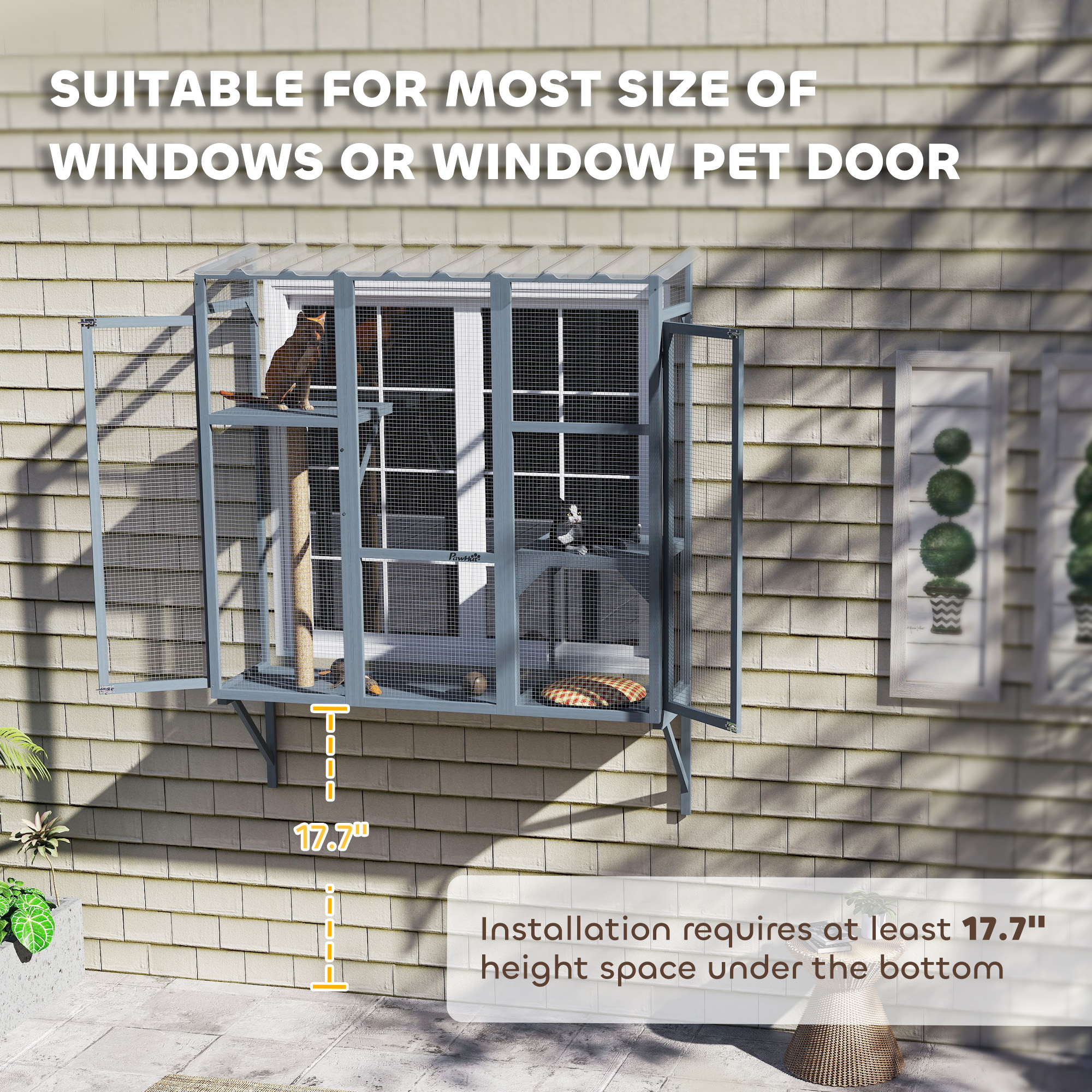 Catio Exterior para Gatos, Ventana para 2-3 Gatos Grandes con 2 Plataformas de Salto y Palo de Escarbar — imagen 6