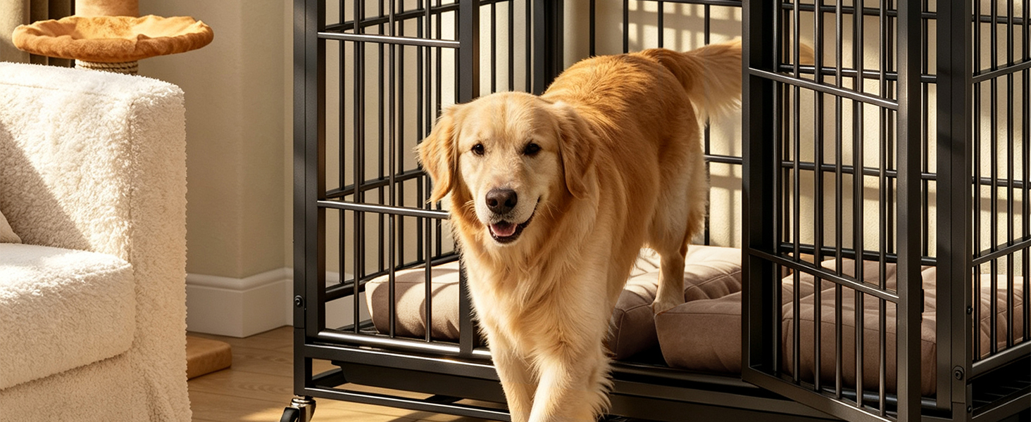Heavy Duty Dog Crate, Mobile Pet Kennel with Lockable Wheels & Rotary Twist-Latch, Indoor Outdoor Metal Cage with Perforated Top — image 10