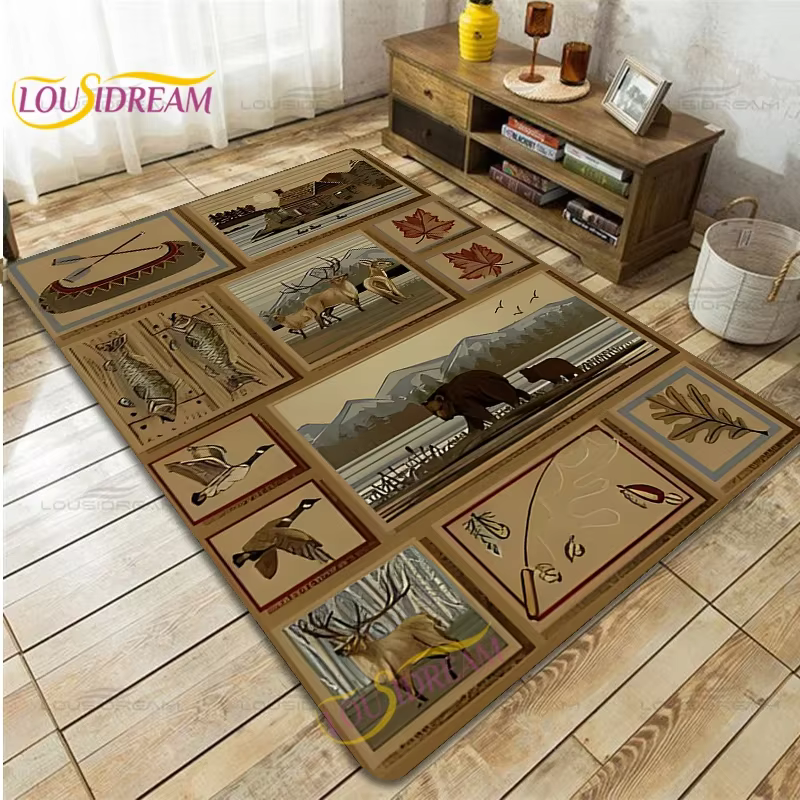 Country Style Farmhouse Lodge Bear Moose Deer Soft Rug Square Flannel Home Rug Vintage Home Living Room Floor Mats Bedroom Rug — image 6