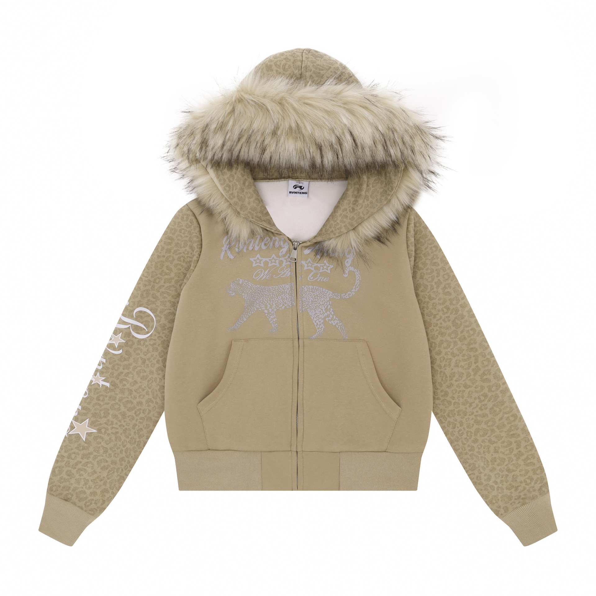 Leopard Print Splicing Zip Up Detachable Faux Fur Hood Jacket — image 1