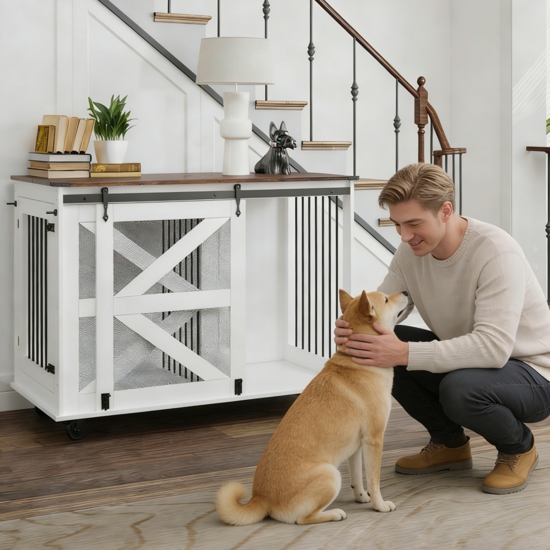 47.2 Mobile Dog Crate With Flip-Top Feeding Door, Dual-Access & 5 Caster System 2 Locking, Side Hooks - Multi-Functional Pet Kennel, double Dog Crate Furniture — image 10