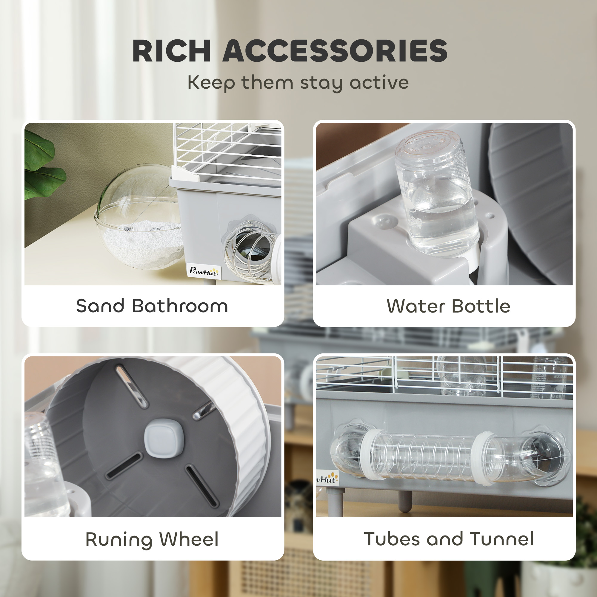 Jaula para Hámster de 2 Niveles con Baño de Arena, Rueda de Ejercicio, Bebedero, Tubos y Accesorios, para Hámster Enano, Gris — imagen 8