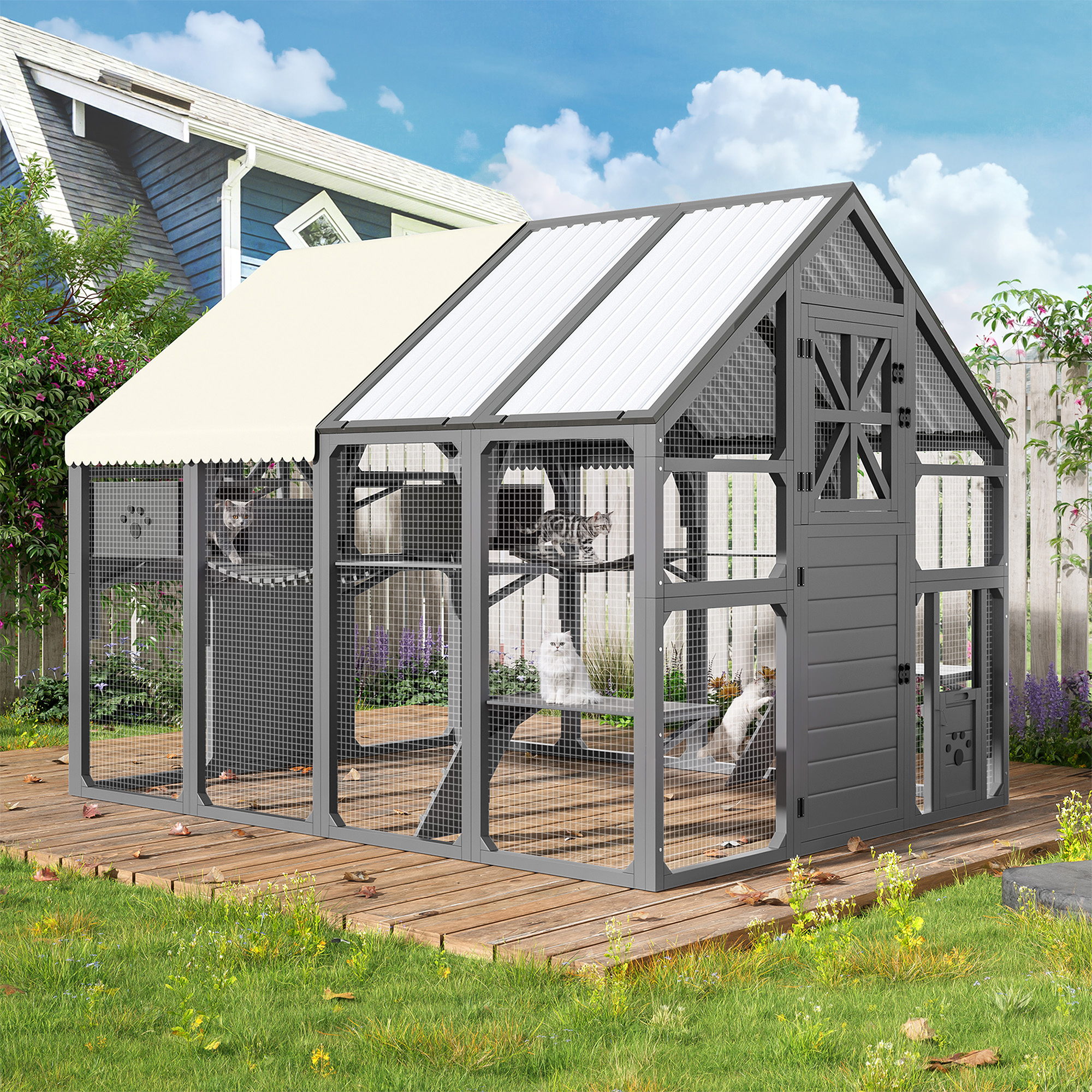Extra Large Catio Outdoor Cat Enclosure, Walk-in Outdoor Pet House For Multiple Cats, Catio Cat Run Cage With Bridges, PVC Roof, Weatherproof Cover, 8 Platforms, 2 Resting Box, Grey — image 1