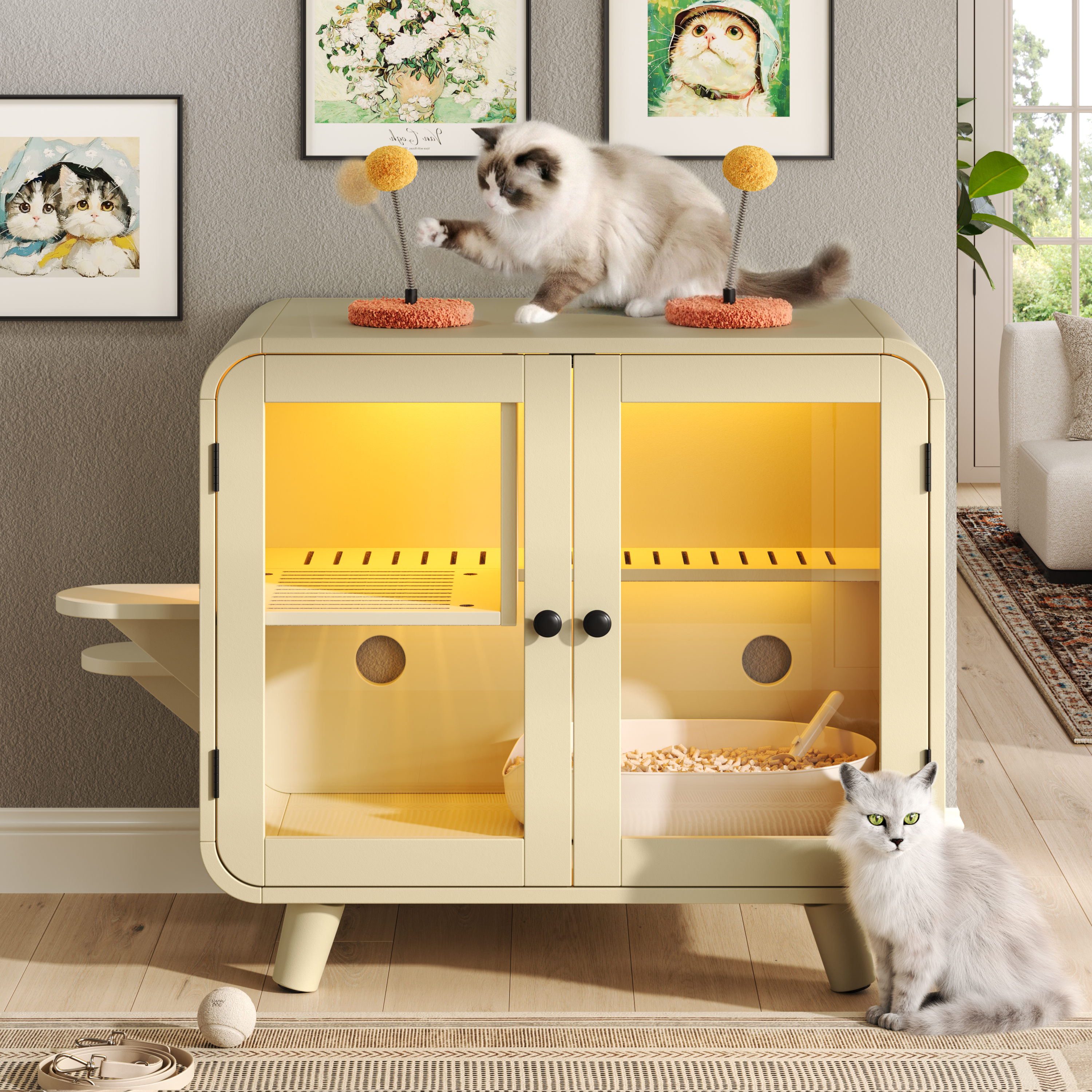 Cat Hidden Litter Box Enclosure With RGB LED Light, Cat House With Stairs And Cat Pom-pom Toys For Fun, Cat Washroom Cabinet With Litter Leak Walkway And Glass Doors For Better View, Beige — imagen 1