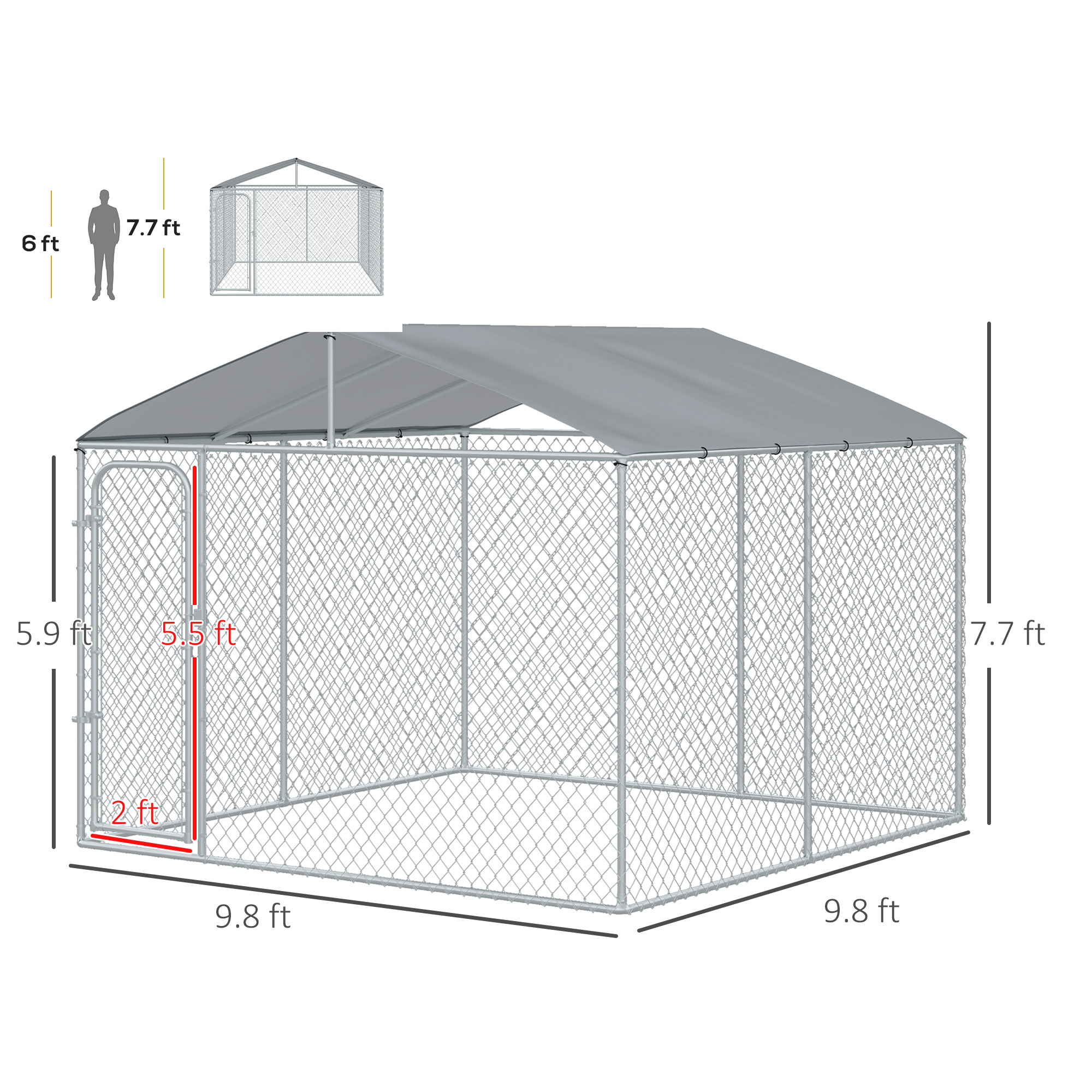 Cubo de Perro para Exterior con Malla y Techo Galvanizado de Acero para Jardín 9,8 x 9,8 x 7,7 — imagen 4