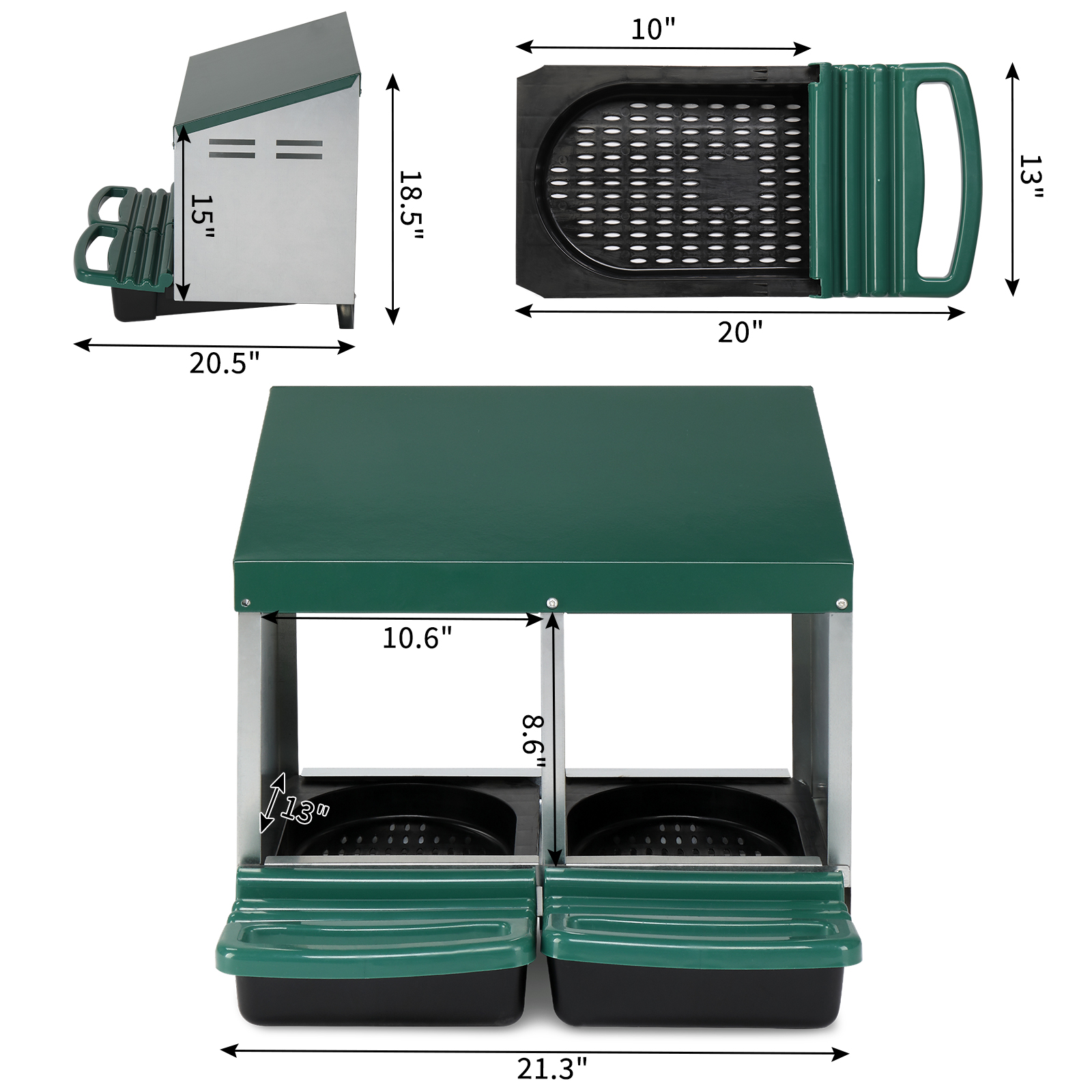 2 Compartments 54x52x47cm Pitched Roof House Iron-plastic Green Chicken Feeding Trough — image 2