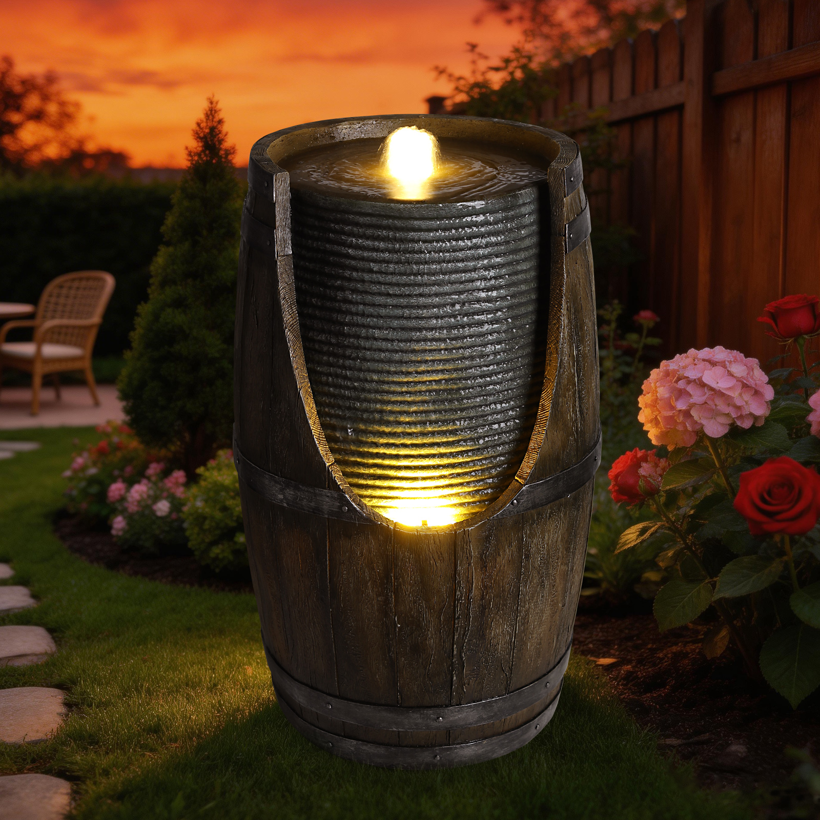 Fuente de Agua para Jardín con Bebedero para Pájaros, Barril Rustico con Luces LED y Bomba, Característica de Madera Falsa en Resina para Patio, Jardín o Porche — imagen 10