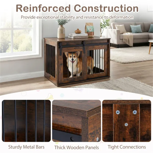 Jaula-Mueble para Perro de 31.5" con Puerta Corrediza Estilo Granero, Mesa Auxiliar/Casa para Perro de Madera para Interiores - Marrón Rústico — imagen 3